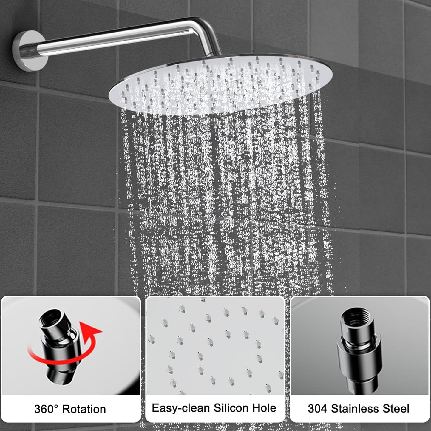 Shower Faucet Set 12IN Brass Rough-In Valve Body Trim Kit Rainfall Included Handle Accessories Complete 2 Functions with Rain Head and Handheld Bathroom Systems (12'', Chrome Polished)