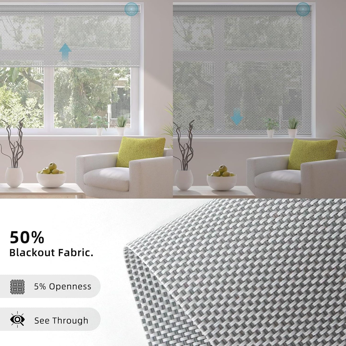 SmartWings Motorized Smart Blinds for Windows in Light Filtering, Electric Remote Roller Shades Compatible with Alexa/Google Home/Homekit, Custom Up to 110”W x 148”H, 5% Openness Aventus White Grey