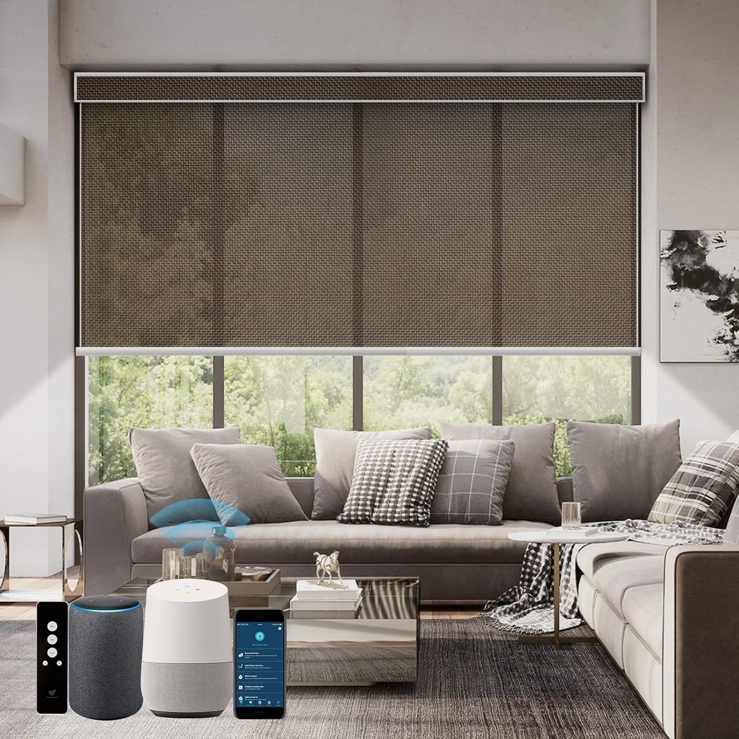 SmartWings Motorized Roller Shades 5% Openness Work with Homekit, Alexa SmartThings Google, Zigbee Motor Smart Blinds for Windows, Cordless Remote Window Shades, Rechargeable, Customized, Chocolate