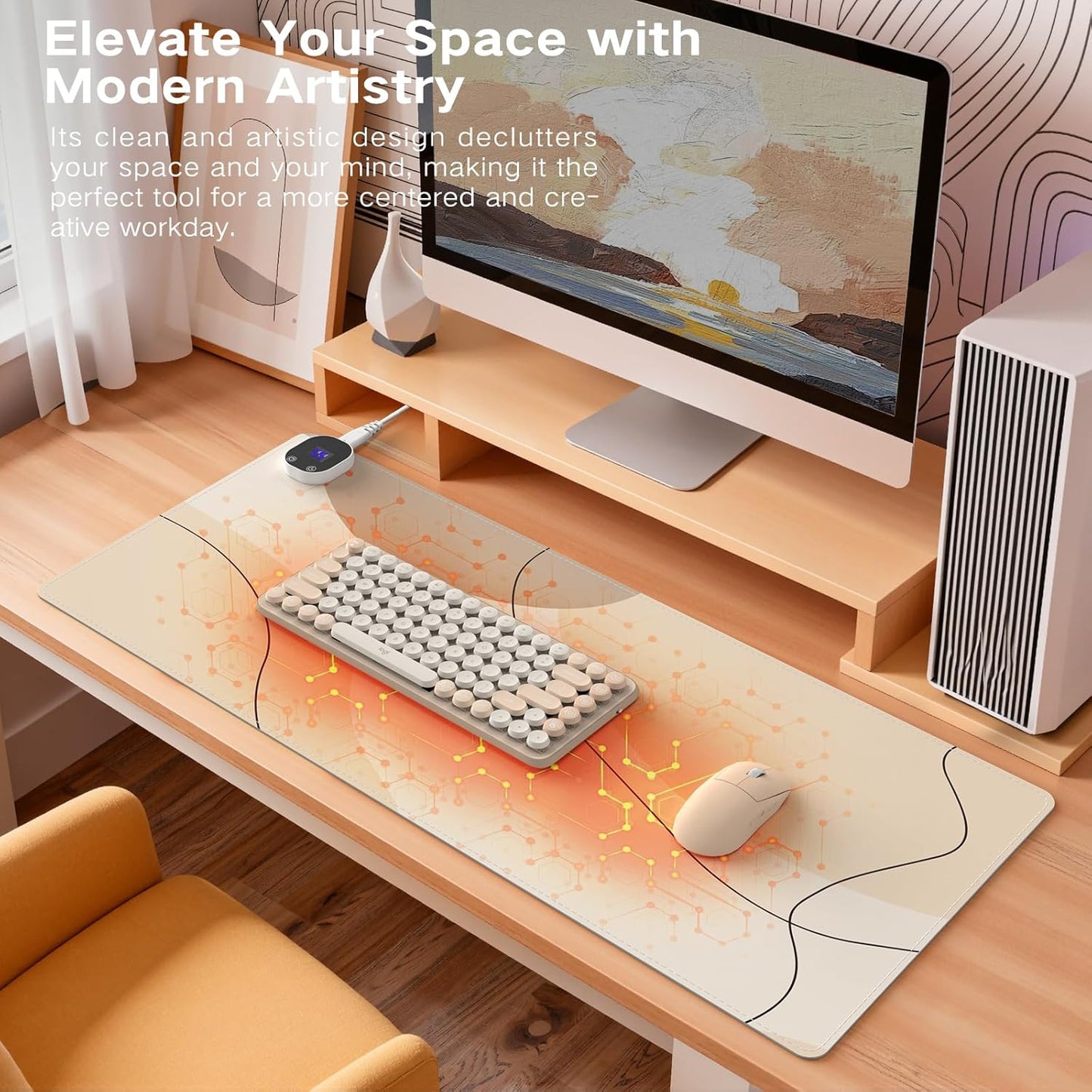 iCasso Heated Mouse Pad Hand Warmer, XL Heated Desk Pad, Electric Warm Desk Mat with 4 Heating Levels for Computer Keyboard, 31.5" x 13" Large Mousepad for Home Office Work (Brown Art)