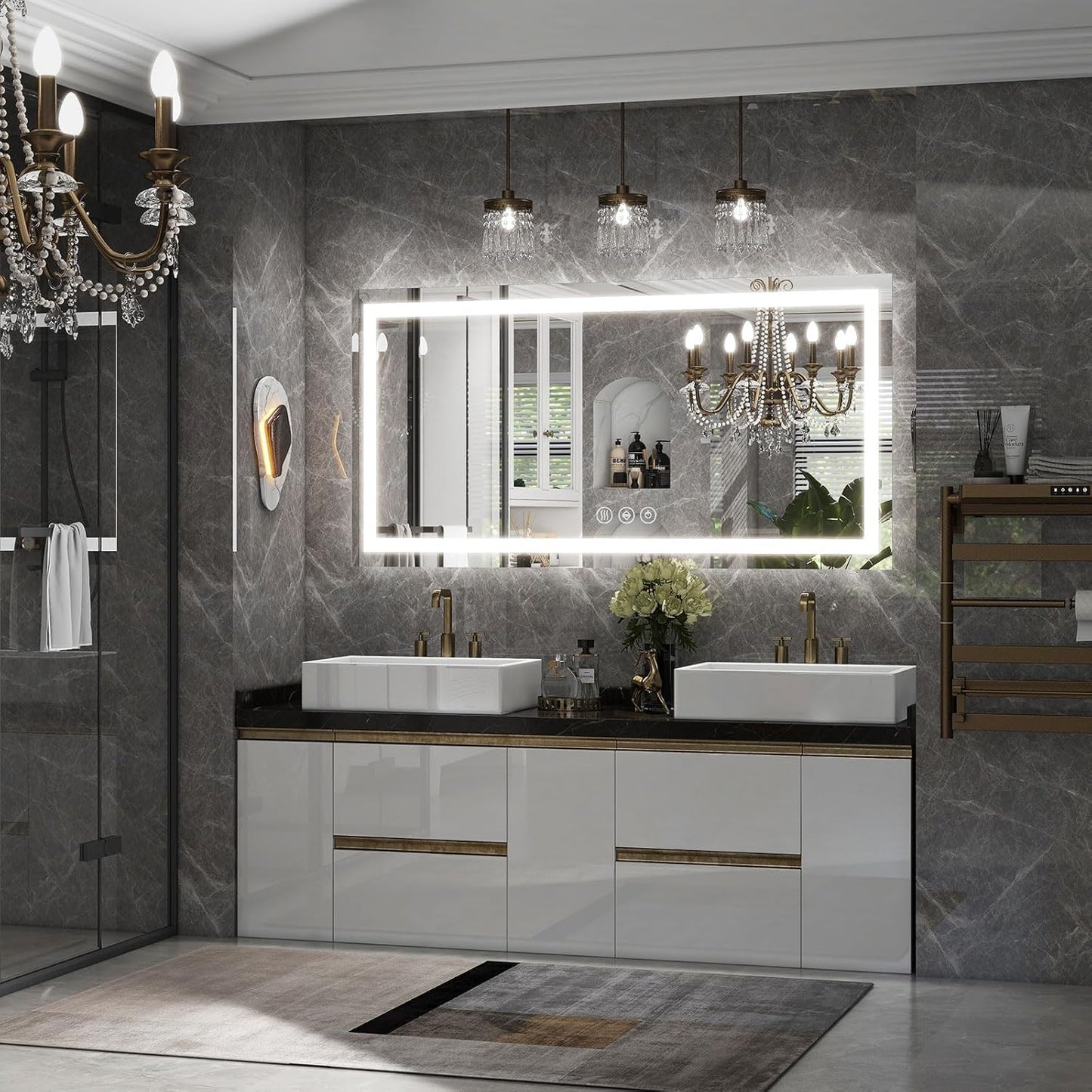 LED Bathroom Mirror, 30x55 Inch White Framed Gradient Front and Backlit Vanity Mirror, Anti-Fog, Dimmable, Wall Mounted Horizontal/Vertical Lighted Mirror