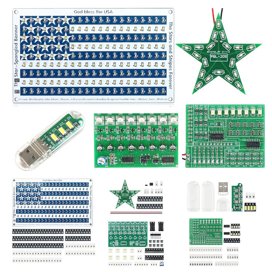 5in1 DIY Soldering practice Kit! Includes Small USA Flag, Star LED, USB Night Light, 15Way Flow & Drip Lights. SMD/SMT projects, ideal for beginners.This exercise kit can unleash your creativity