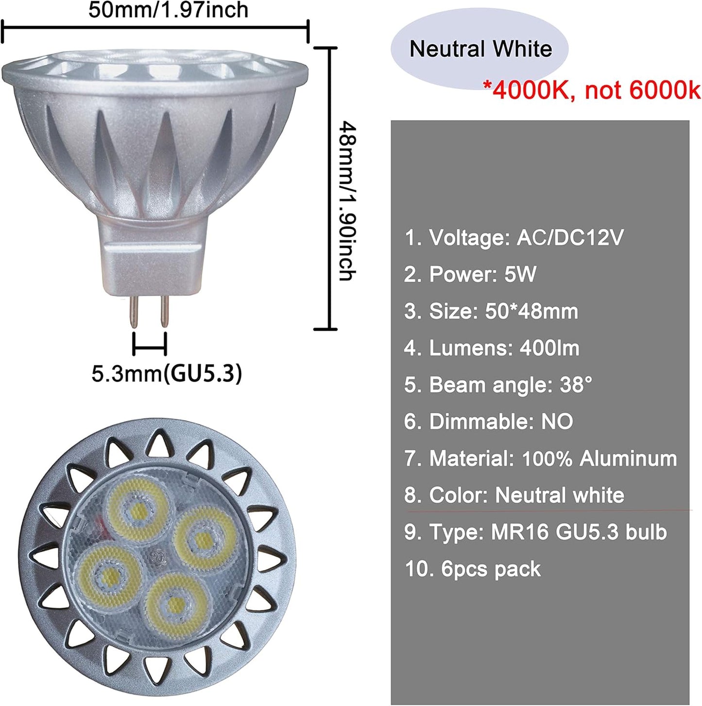 ALIDE MR16 GU5.3 Led Bulbs 5W 4000K Neutral/Natural White,20W-35W Halogen Equivalent,12V MR16 Low Voltage Bulbs for Outdoor Landscape Flood Ceil Track Lighting,Not Dimmable,450lm,38 Deg,6 Pack