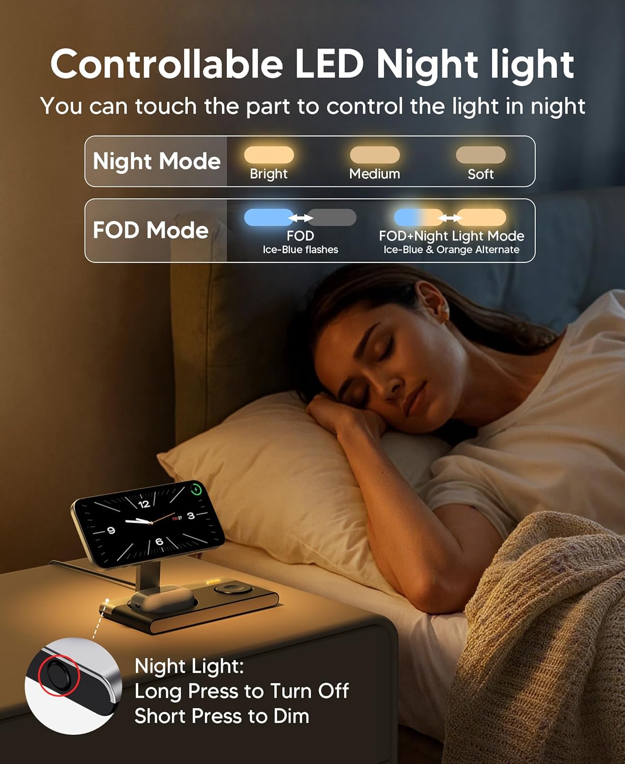 Foldable 3 in 1 Magnetic Wireless Charging Station for Apple Devices, Leather-Like Fast Wireless Charger Dock with Night Light for Magsafe iPhone 17/16/15/14/13/12 Series, Apple Watch, AirPod