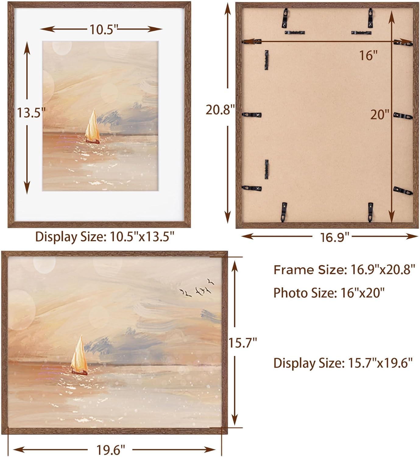 16x20 Picture Frames Set of 3, 16 x 20 Solid Oak Wood Frame for Wall, 16 x 20 Picture Frame with Tempered Glass, 16x20 Frame Matted to 11x14, Rustic Wood 16 by 20 Frames, Walnut Color