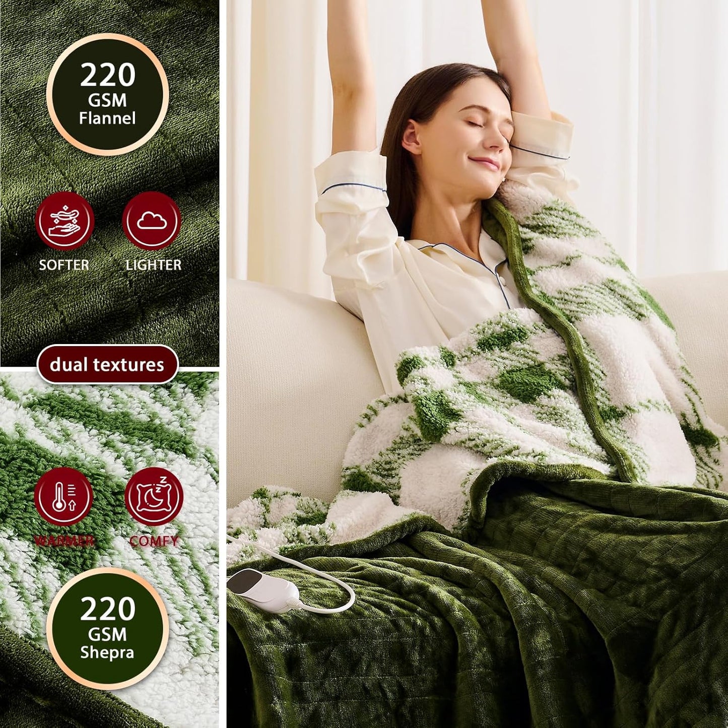 Heated Electric Blanket Queen Size - 84"x90" Flannel Heating Blanket with 10 Heating Levels & 5 Time Settings Over-Heat Protection, Winter Warmer for Adults with ETL Certification（Green）