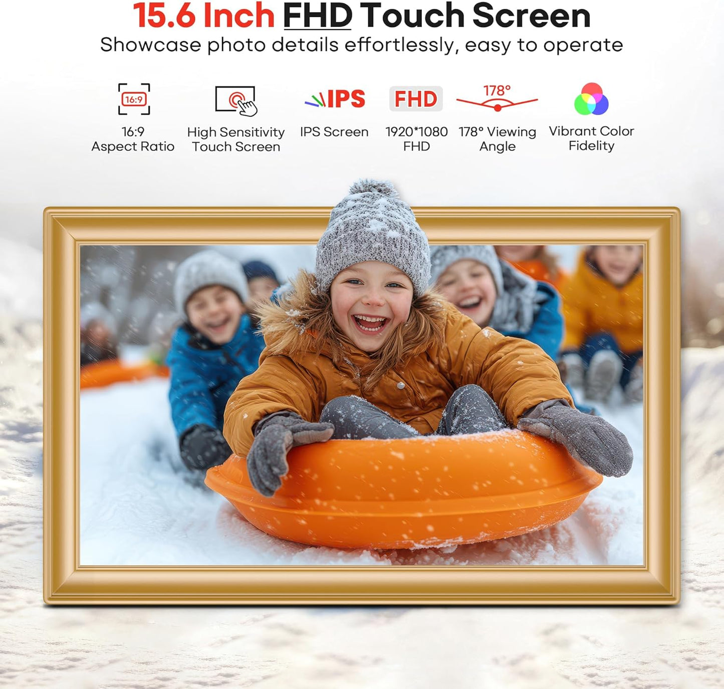 64GB 15.6" Frameo Digital Picture Frame WiFi, Large Electronic Photo Frames Golden 1920 x 1080 IPS FHD Touch Screen, Send Photos from Your Phone from Anywhere, Best Gifts for Family and Friends