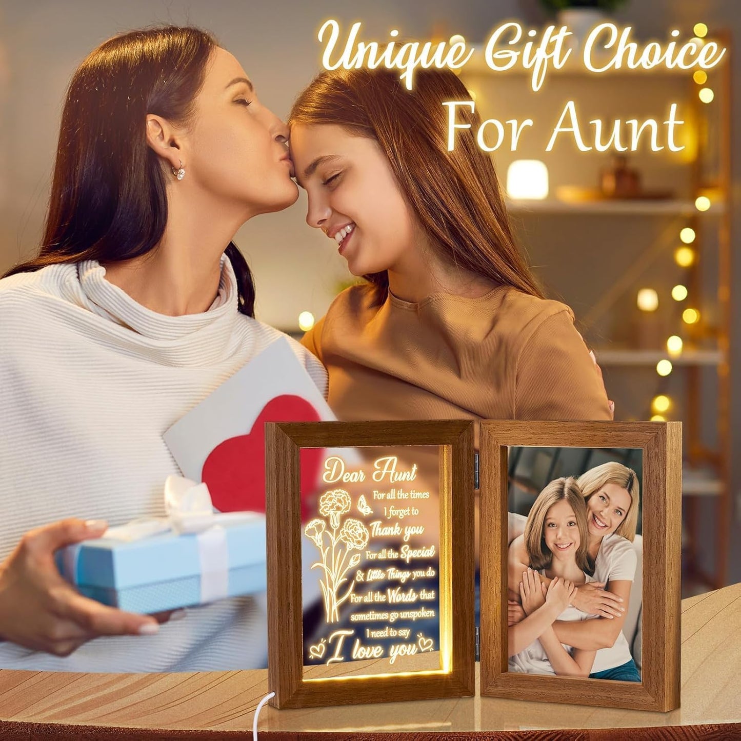 Aunt Gifts from Niece Nephew Aunt Christmas Gifts Auntie Gift, Engraved Night Light with Aunts Picture Frame Solid Wood, Best Auntie Ever Aunts Birthday Gift for Women - 5x7 Photos Table Display