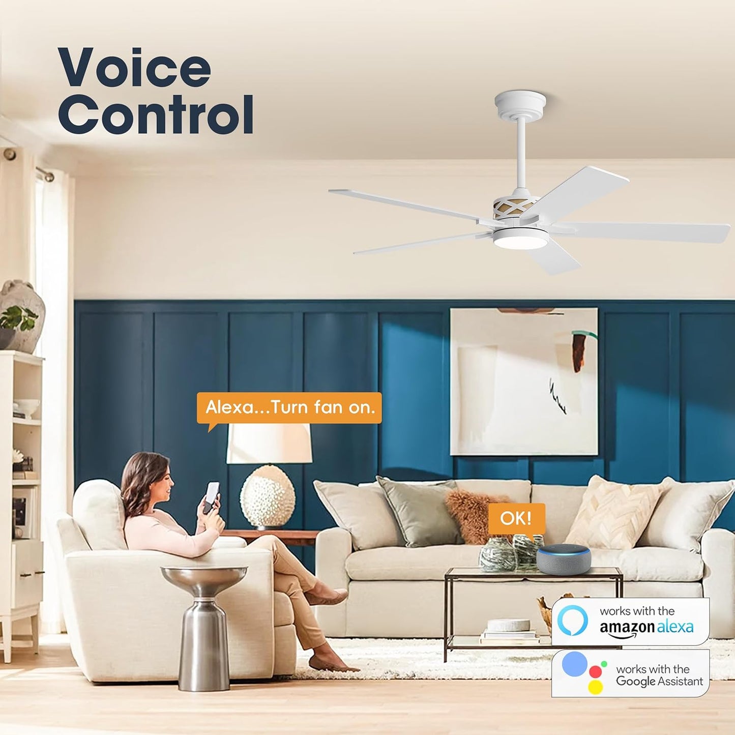 WINGBO 60" Smart Ceiling Fan with Lights, White/Oak Blades, 6 Speeds Reversible DC Motor, Works with Alexa and Google Assistant, 3CCT Dimmable LED Ceiling Fan for Bedroom Living Room, White Finish