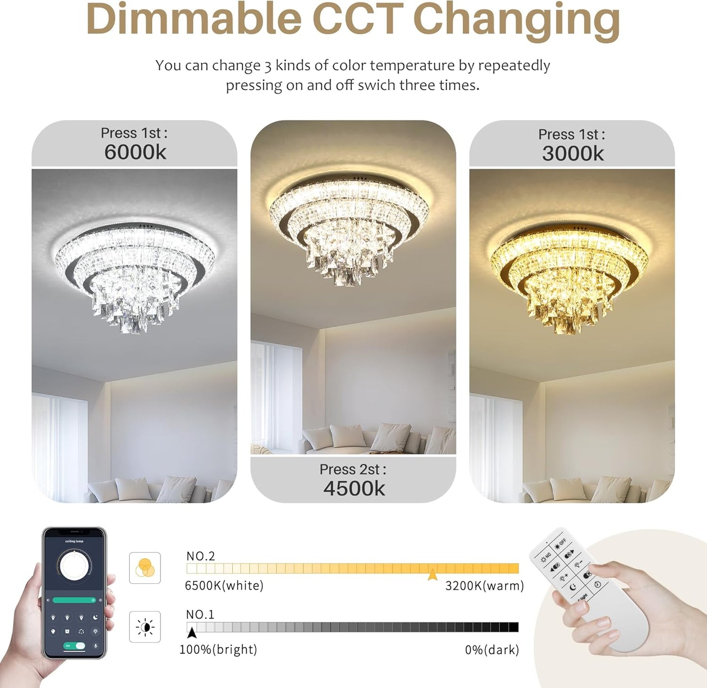 COCOSTAR 18 inch Flush Mount Crystal Chandeliers with Remote and APP, Modern Elegant LED Crystal Raindrop Ceiling Light Fixture, 3CCT Dimmable, for Living Room Kitchen Island Bedroom Entryway Foyer