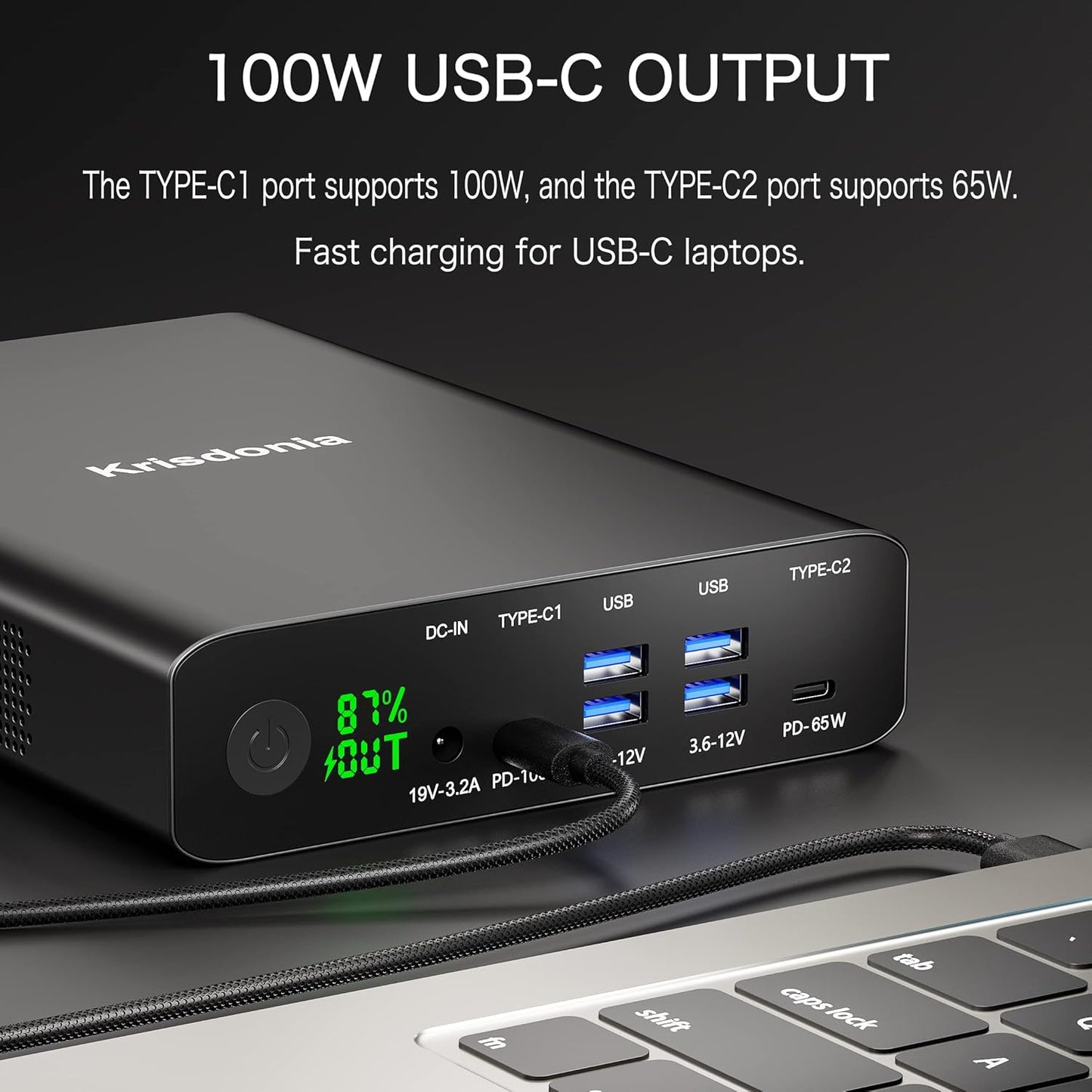 Krisdonia Portable Charger, PD 100W USB C Power Bank 64000mAh Fast Charging External Battery Pack with Dual USB-C PD (100W&65W) & 4 USB-A (QC3.0 18W) for Type-C Laptops, MacBook Pros, XPS, iPad Pro