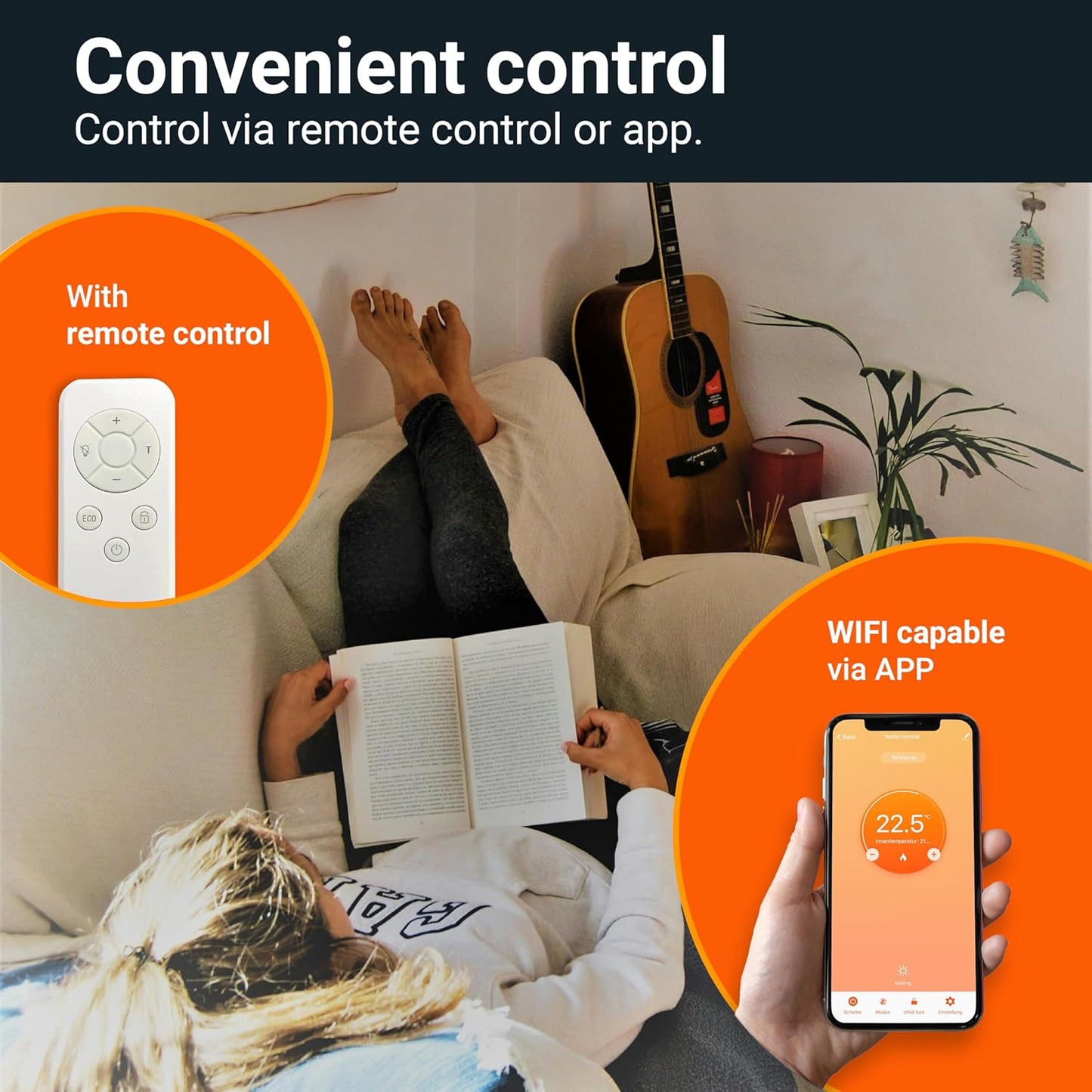 Könighaus 600W Smart Dual Space Heater – Wall heater and mobile use – WiFi App Control & Remote – Includes Towel Rack, Stand Feet & Mounting Kit – Color: White