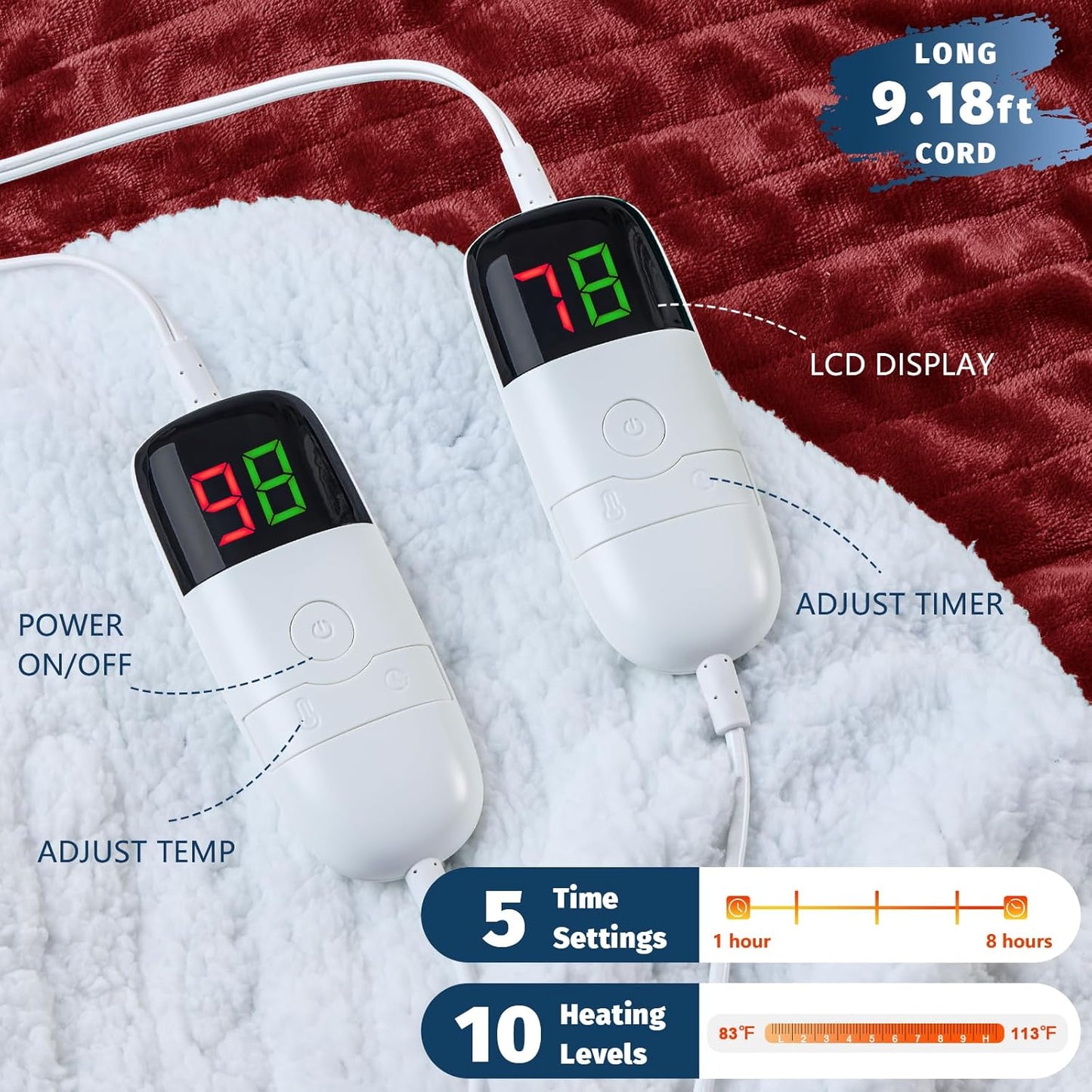 Heated Electric Blanket Queen Size - 84" x 90" Heating Blanket with Dual Control, 10 Heating Levels & 8 Hours Auto Off, Soft Warm Flannel Blanket, Christmas Birthday Gifts for Senior Grandma