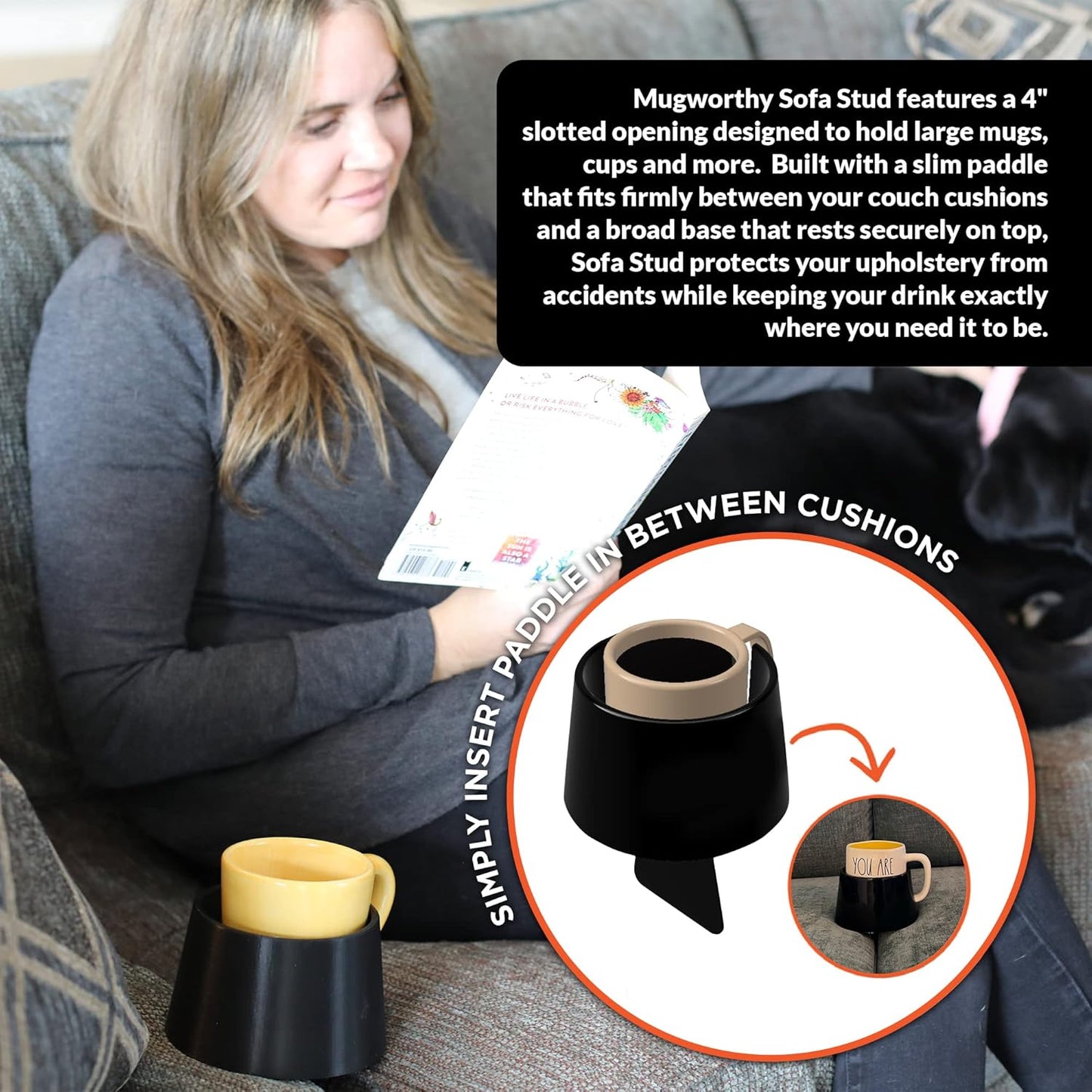 Mugworthy Couch Mug & Cup Holder - Spill Proof, Convenient, Versatile Drink Coaster Molded from BPA Free, Impact Resistant, Durable Plastic that Fits Coffee Mugs, Large Cups, Bottles & More