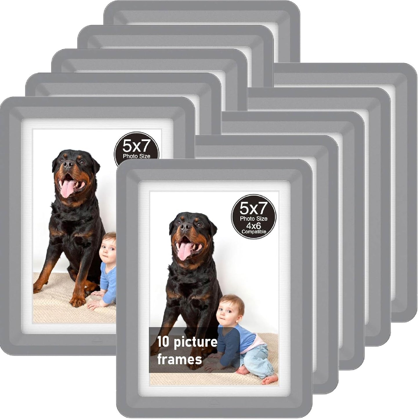 Dark Gray 5x7 Picture Frame with Acrylic Front 10 Pack, ABS Frame for 5x7 or 4x11 Photos, Shatterproof UV-Resistant Tabletop Photo Frame, Vertical/Horizontal Display for Home Décor