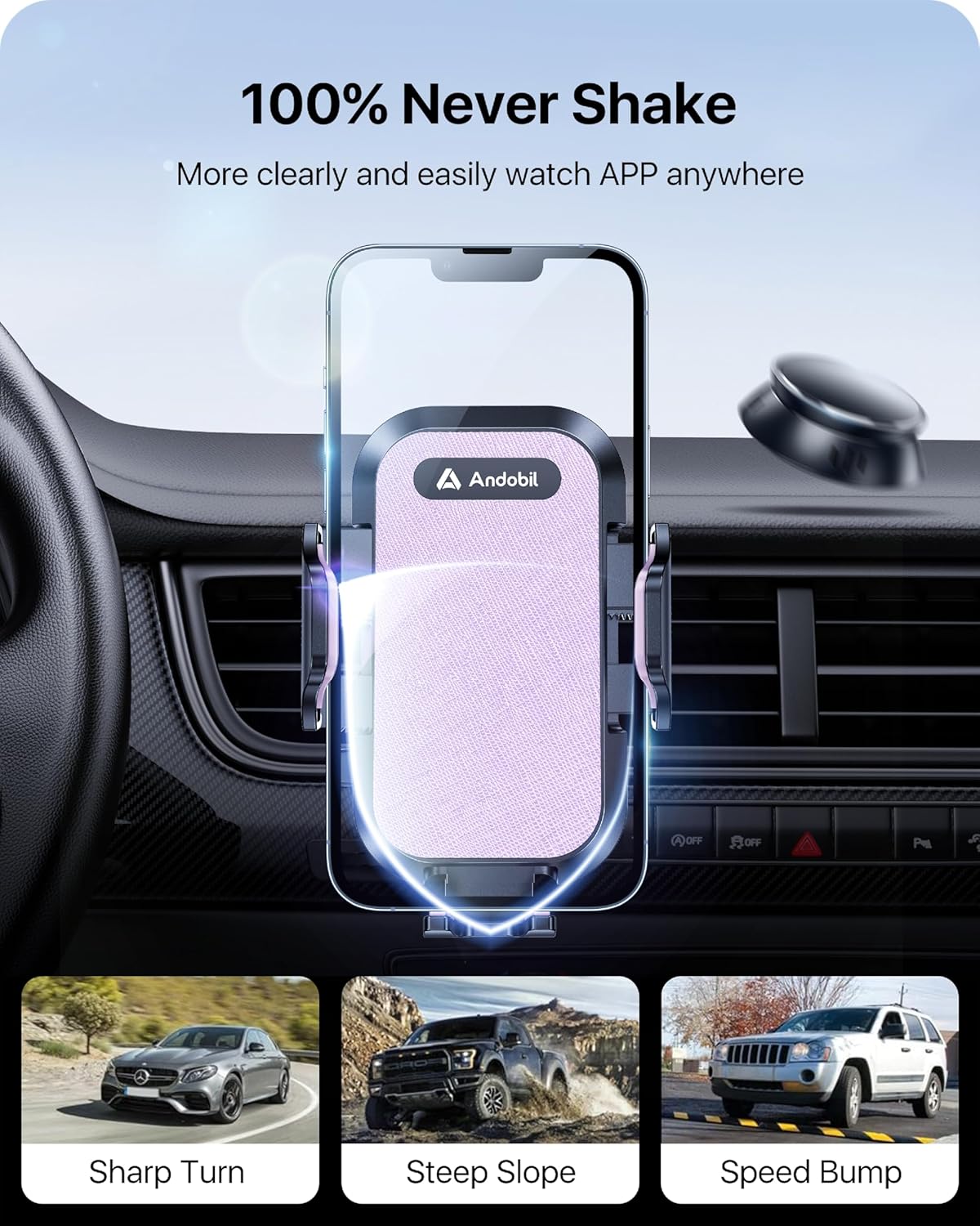 andobil Car Phone Holder, 2025 Military-Grade 89bs Strongest Suction Phone Holders for Your Car Dashboard/Windshield/Vent Easy Clamp Cellphone Holder Truck Stand for iPhone 17 16 15 Pro Max, Purple