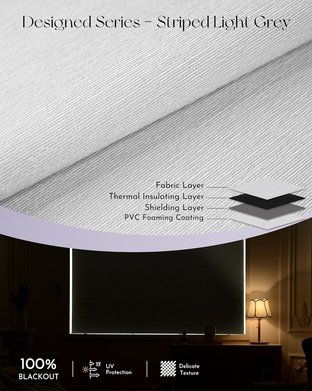 Graywind Smart Blackout Roller Shades Compatible with Alexa Google WiFi Hardwired Textured Gleaming Fabric Motorized Blinds Remote Window Shades, Custom Size (Striped Light Grey)