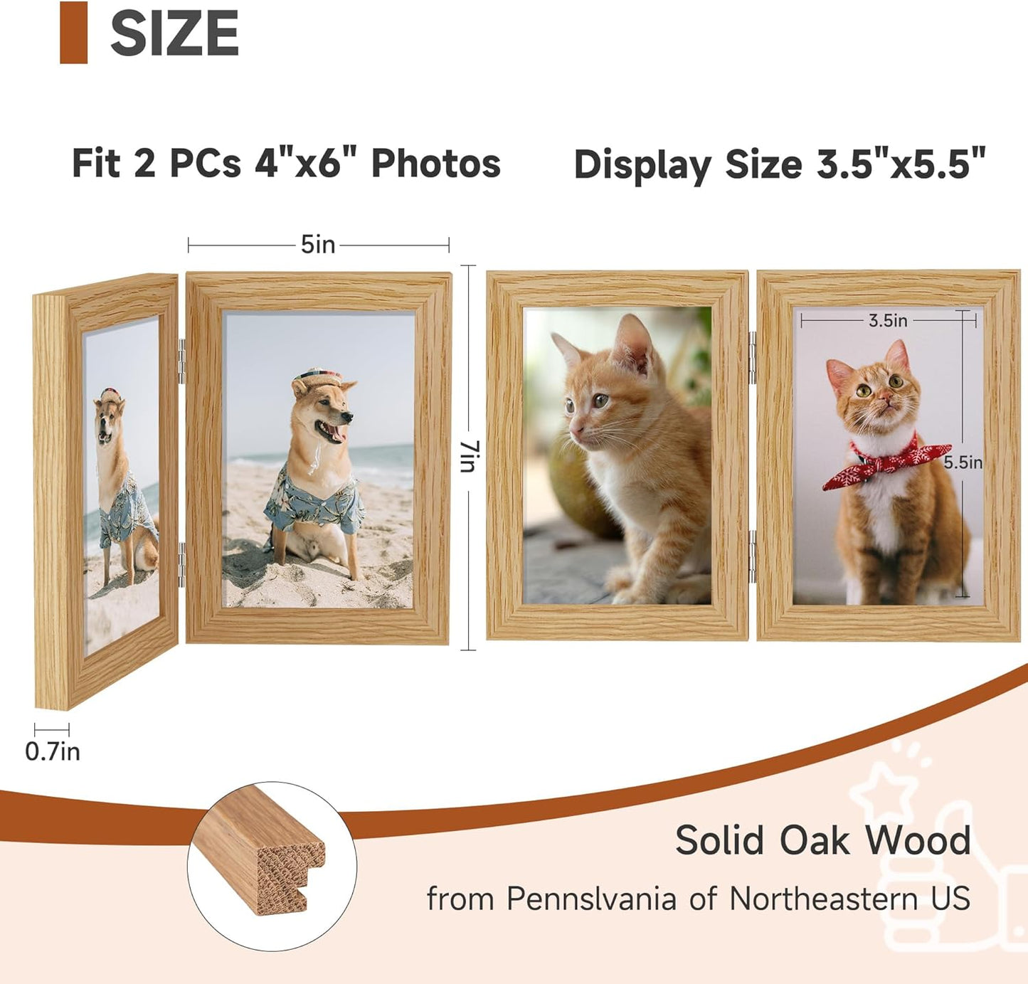 Axeman 4x6 Double Picture Frame - Solid Oak Wood Vertical Hinged 4x6 Photo Frame 2 Opening Folding Family Frames Collage With Real Glass for Tabletop Display, Hanging Hardware Included | Natural