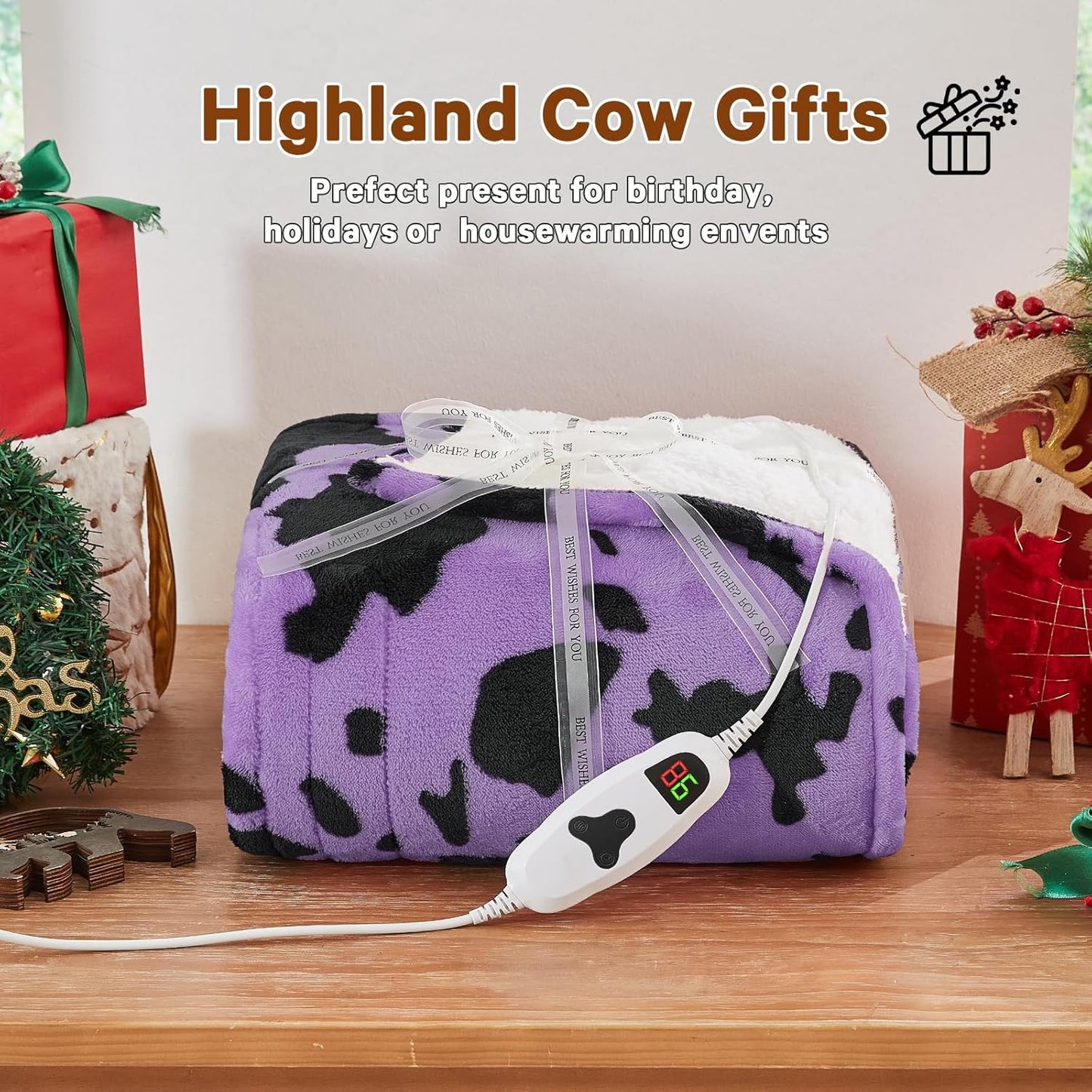 Cow Print Heated Electric Blanket Twin Size,62X84 Purple Heating Blanket with 10 Heats Levels & 8 Hours Auto Off,Highland Cow Fleece Sherpa Blankets Warmer Gifts for Women Adults Couch,Washable