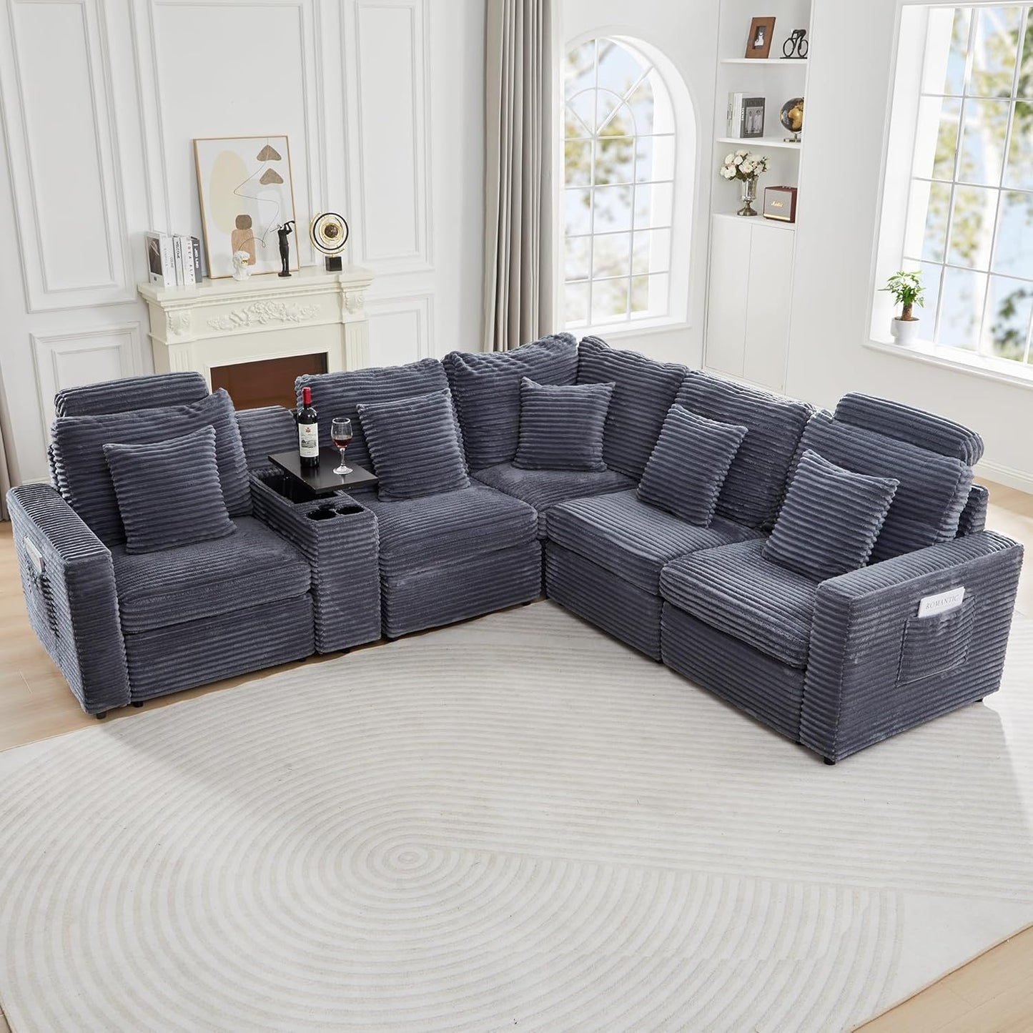 LEVNARY Modular Lift-Top Console with USB Charging and Cup Holders, Center Storage Module for Modular Reclining Sofa (Gray)