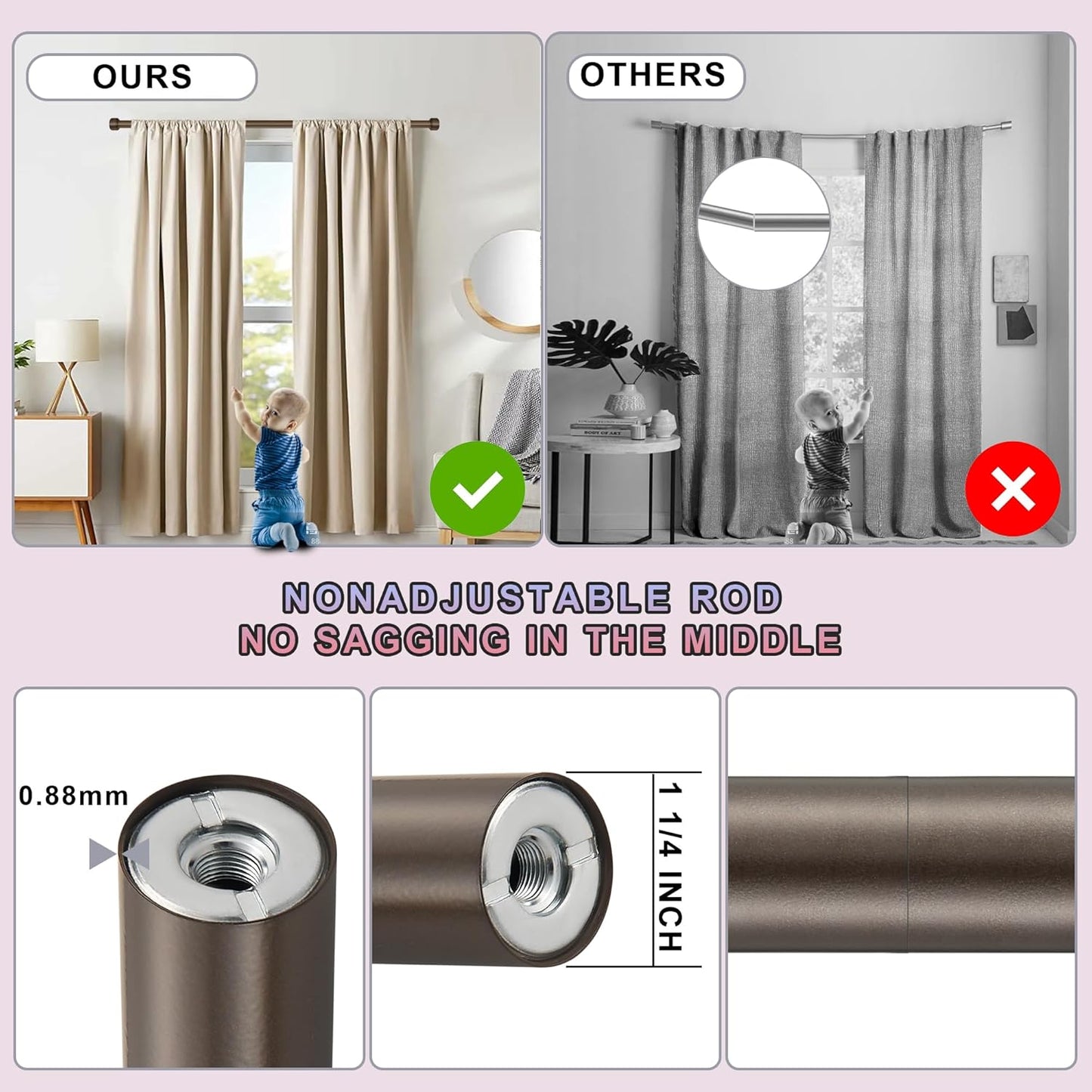 Heavy Duty Curtain Rods,1 1/4" Large Diameter Premium Nonadjustable Curtain Rod,54in/4.5ft Custom Window Treatment Rods with Durable Aluminum Brackets and End Caps,Dark Bronze Finish
