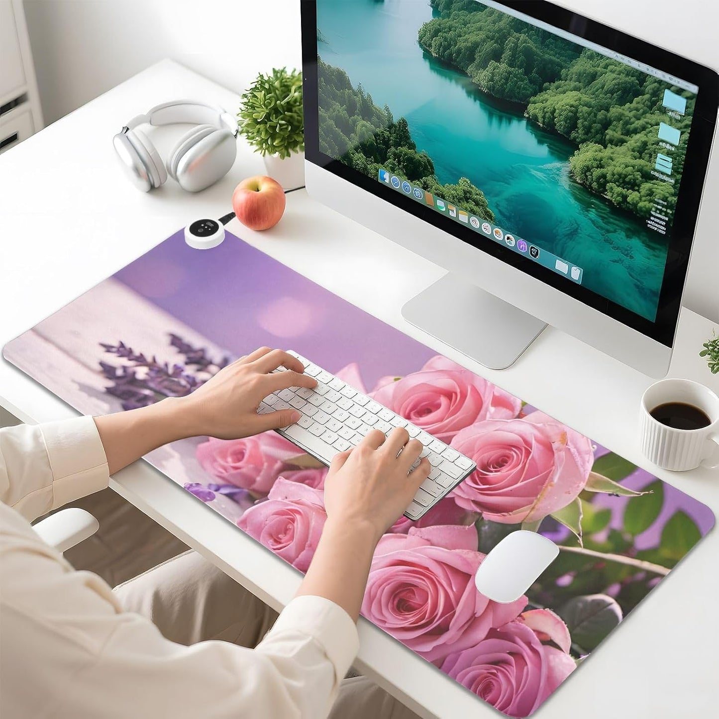 Large Heated Mouse Pad,Leather Desk Mat,31.5"x13",Hand Warmer Pads for Desk,Rose Lavender(Pink)