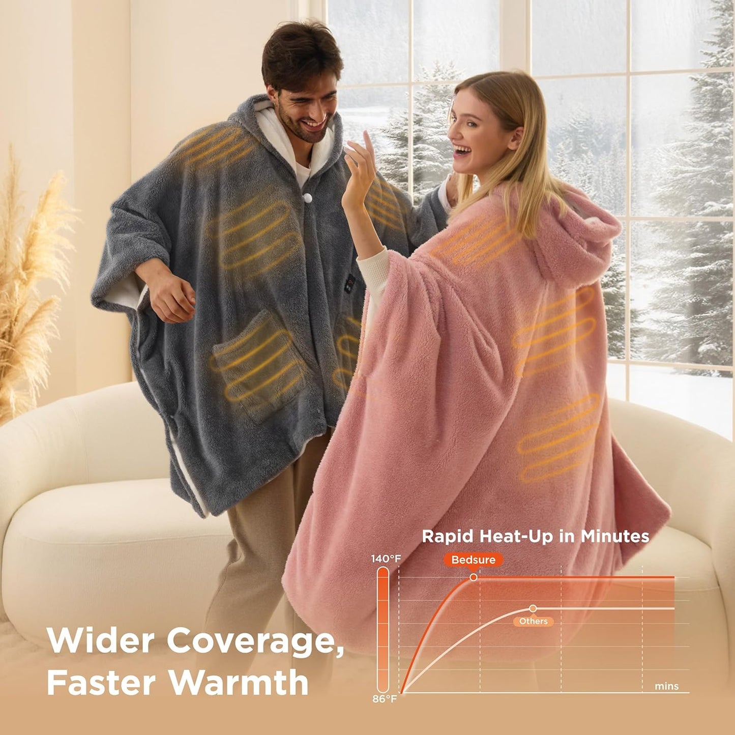Bedsure Cordless Wearable Heated Blanket - Fluffy Electric Blanket Hoodie with 20000mAh Battery Pack, Portable USB Heated Shawl as Winter Gifts for Women Mom, 4 Heat Levels & 4 Timers, 55"x69", Pink