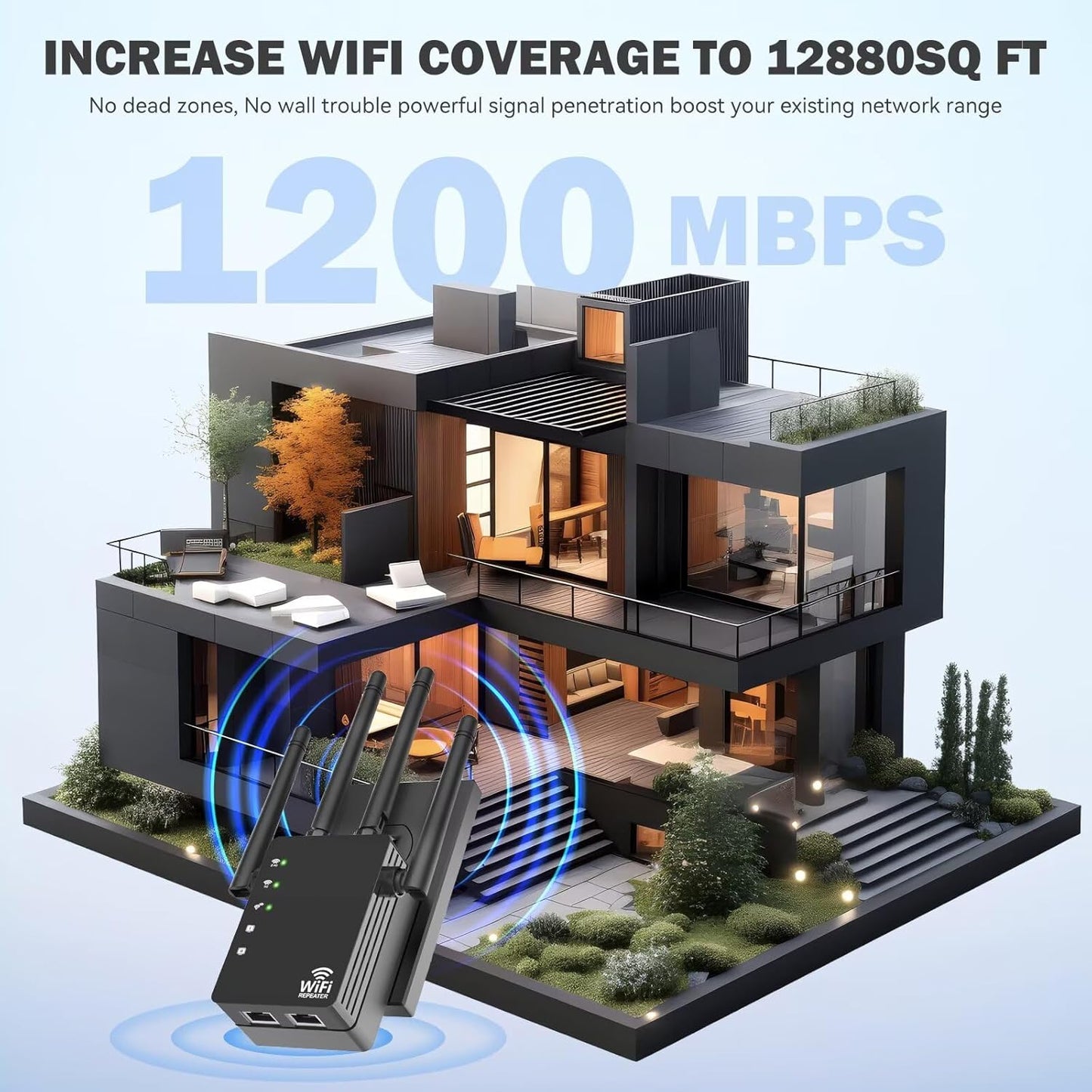WiFi Extender Signal Booster, Dual-Band 5GHz/2.4GHz 1200Mbps Repeater, Covers Up to 13,888 sq.ft & 150 Devices, Long-Range Internet Booster for Home, Garage, Basement, Outdoor, WPS Easy Setup