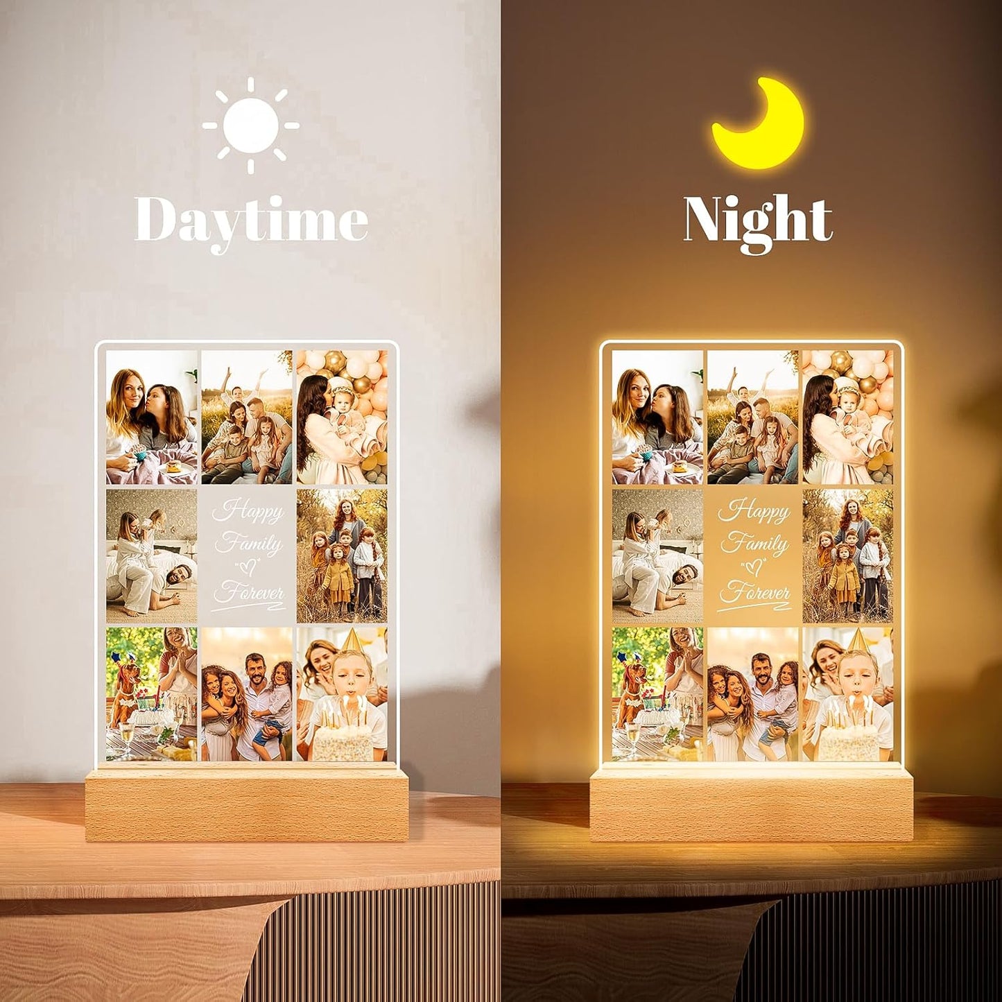 Personalized Collage Picture Frames with Photos, Custom Photo Frame with Night Light, Customized Picture Frame, Personalized Birthday Gifts for Women Men Mom Dad Kids Baby Family Friends