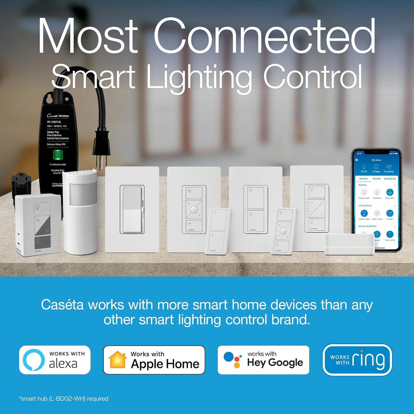 Lutron Diva Smart Dimmer Light Switch for Caseta Lighting (Lutron Smart Hub Required), for LED Lights, 150W, Single-Pole/3-Way, No Neutral, White, 3 Pack (DVRF-6LS-WH-3)