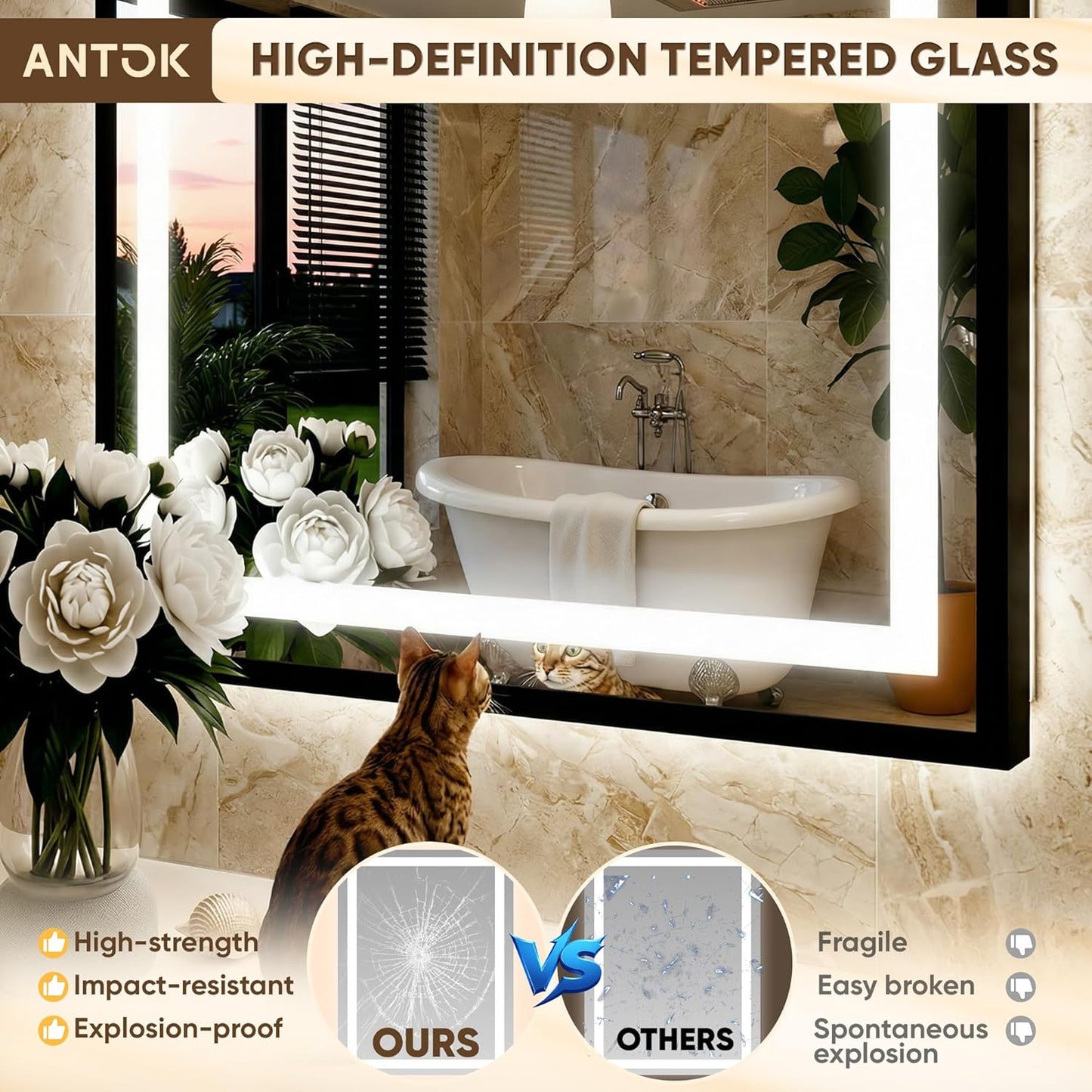 Antok 30X36 LED Bathroom Mirror with Lights, Vanity Mirror for Wall with Black Frame, Touch Control, Anti-Fog, Dimmable Lights, Shatter-Proof, Memory Function, Wall-Mounted Vanity Mirrors
