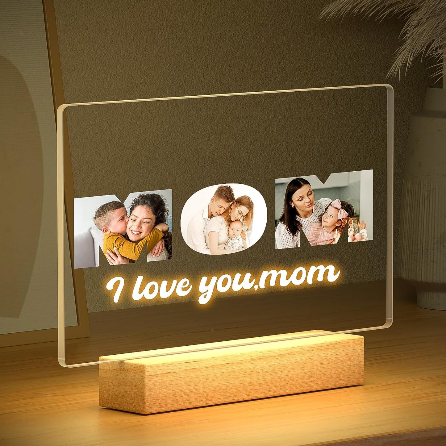 Custom Mom Picture Frame with Photo, Custom Photo Frame with Night Light, Customized Picture Frames, Personalized Valentines Day Gifts for Mom from Daughter & Son