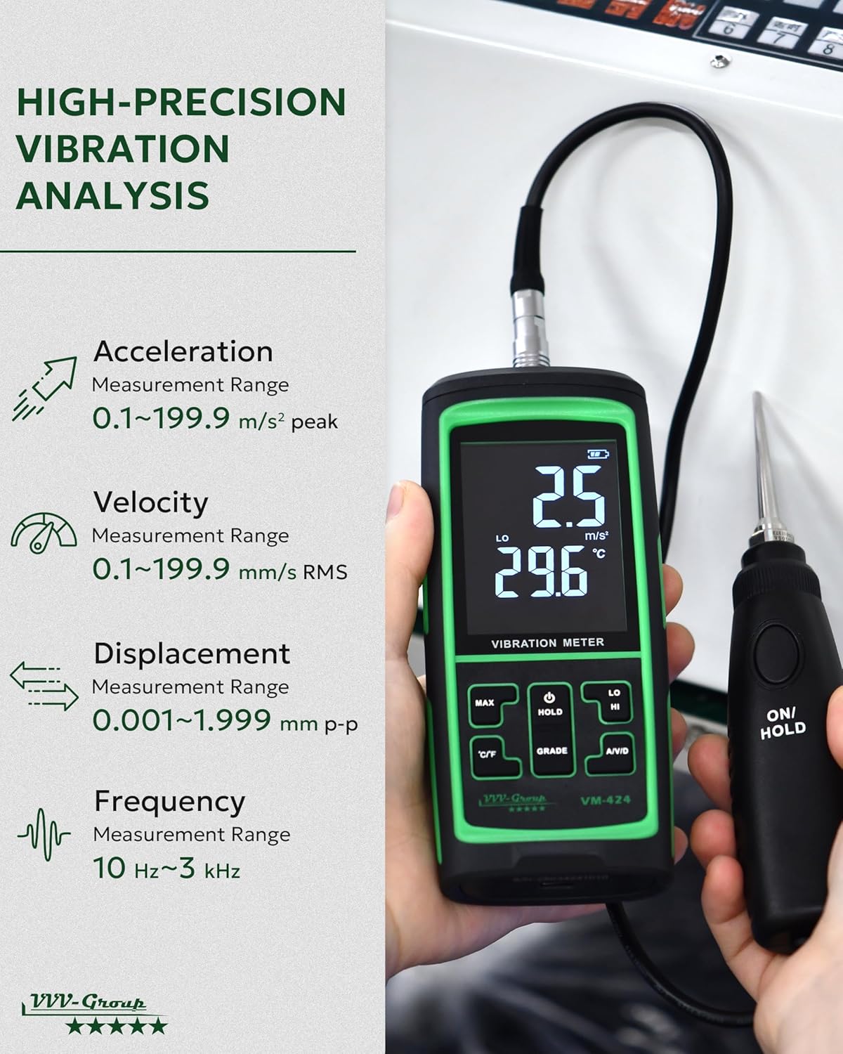 Vibration Meter VM-424 Digital Vibrometer Handheld Vibration Analysis Equipment Acceleration Velocity Displacement Measurement