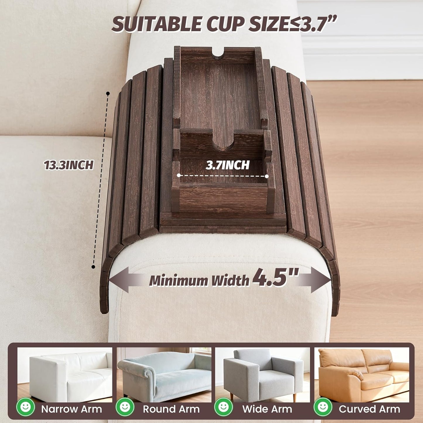 GEHE Detachable Couch Cup Holder, Anti Falling Sofa Arm Tray, Natural Bamboo Sofa Cup Holder More Safe for You Family, Portable Couch Arm Tray Armrest Table for Remote, Snacks, Phone, Drinks
