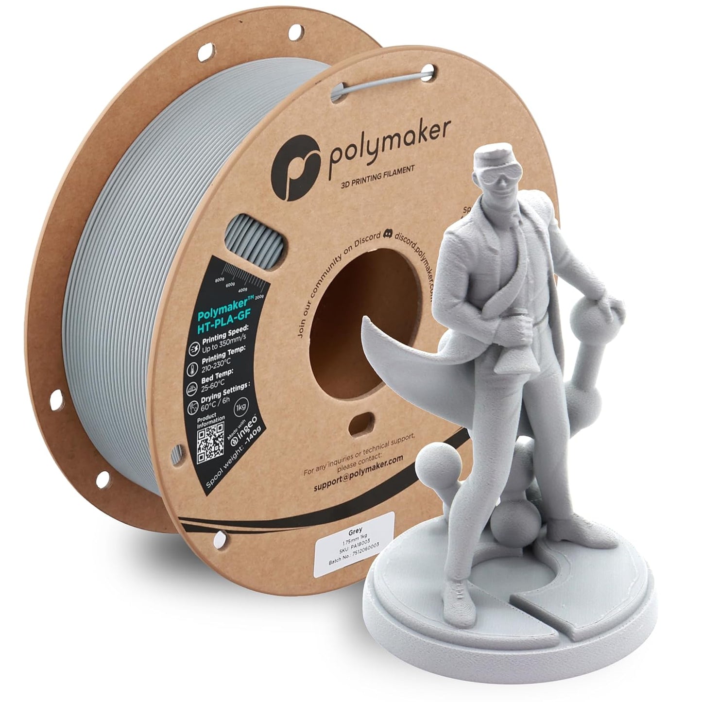 Polymaker HT-PLA-GF Filament 1.75mm Grey, High Temp PLA for 3D Printing, Heat Resistant to 150°C, Easy to Print, Easy to Anneal, Works with Most FDM Printers, 1kg Spool