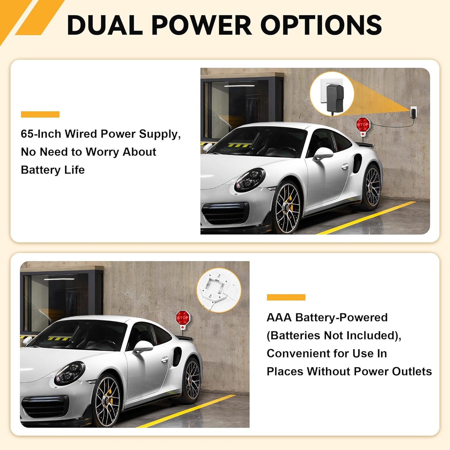 Adjustable Garage Parking Sensor Aid with with Red/Yellow/Green LED Display, Garage Parking Aid Set Stop Distance 6"–6 ft, Battery (Not Included) or USB Powered, No-Drill Installation(White)