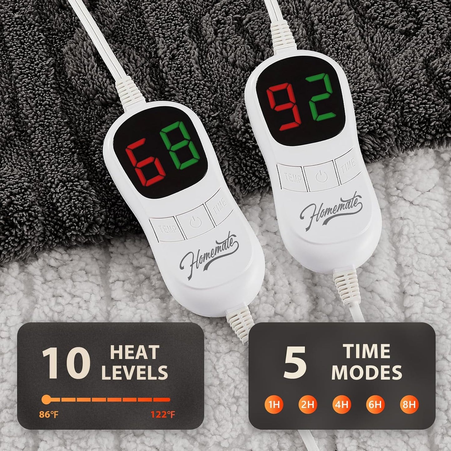 Homemate Electric Heated Blanket Queen - 84"x90" Heating Bed Blankets Throw with 10 Heating Levels 8 Hours Auto Off Fast Heating Over-Heated Protection Ultra Soft Warm Flannel ETL Certified