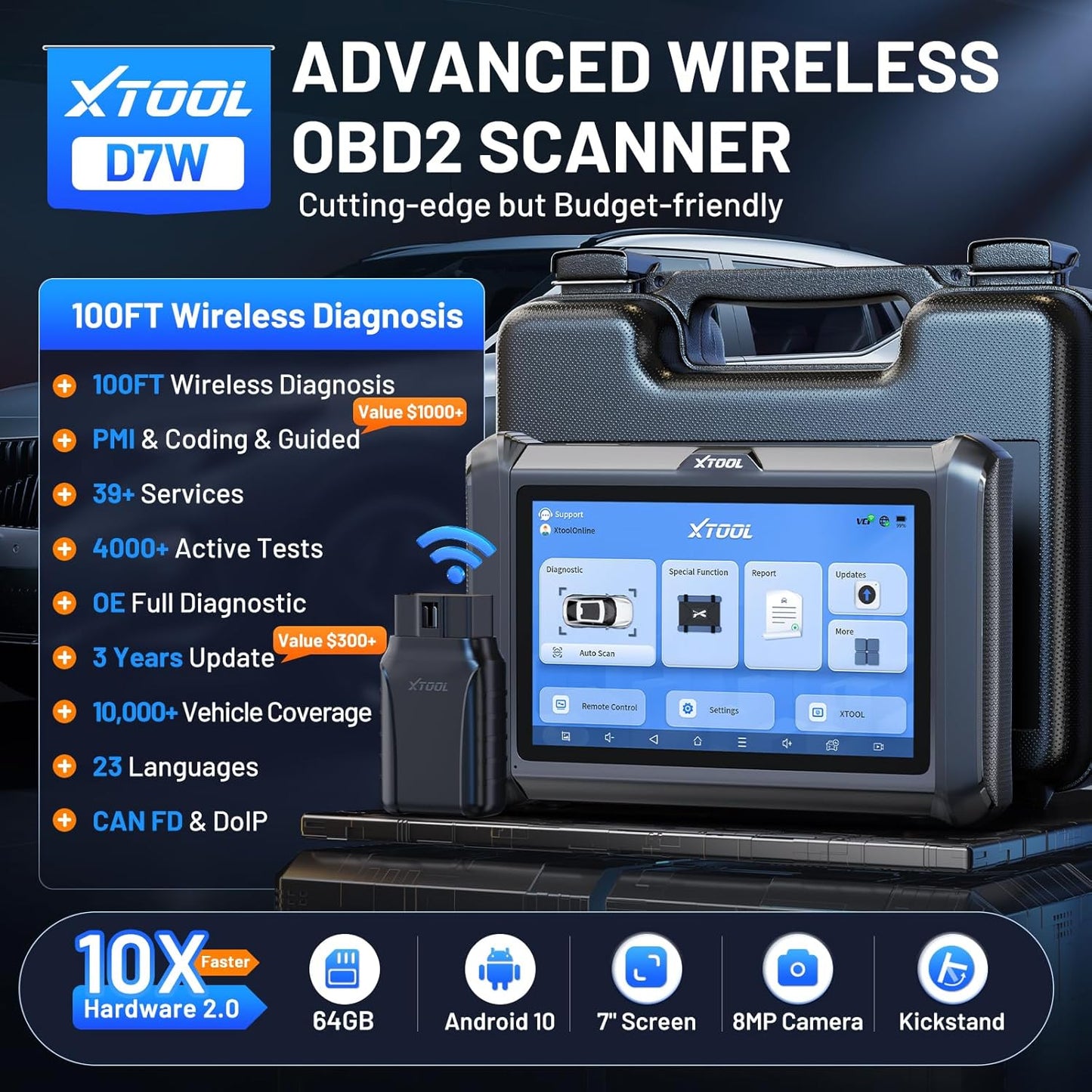 XTOOL D7W OBD2 Scanner Diagnostic Tool: 2026 Wireless Ver. of D7/D7S/D7BT, Bidirectional Scan Tool with ALL System Diagnostic, PMI, ECU Coding, 39+ Resets, 3-Year Updates, CAN FD/DoIP, Scanner for Car