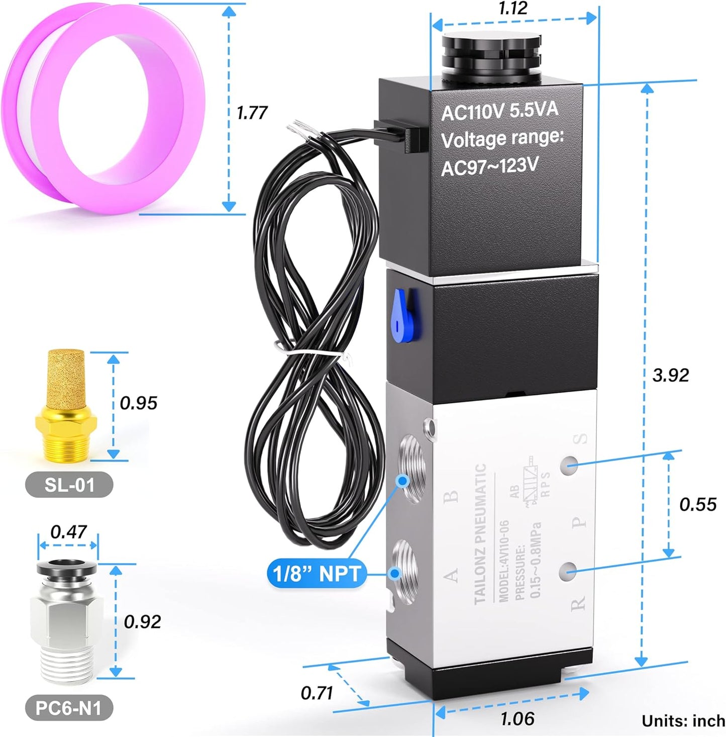 TAILONZ PNEUMATIC 1/8"NPT Solenoid Valve 4V110-06 AC110V Single Coil Pilot-Operated Electric 2 Position 5 Way Connection Type Outlet wire