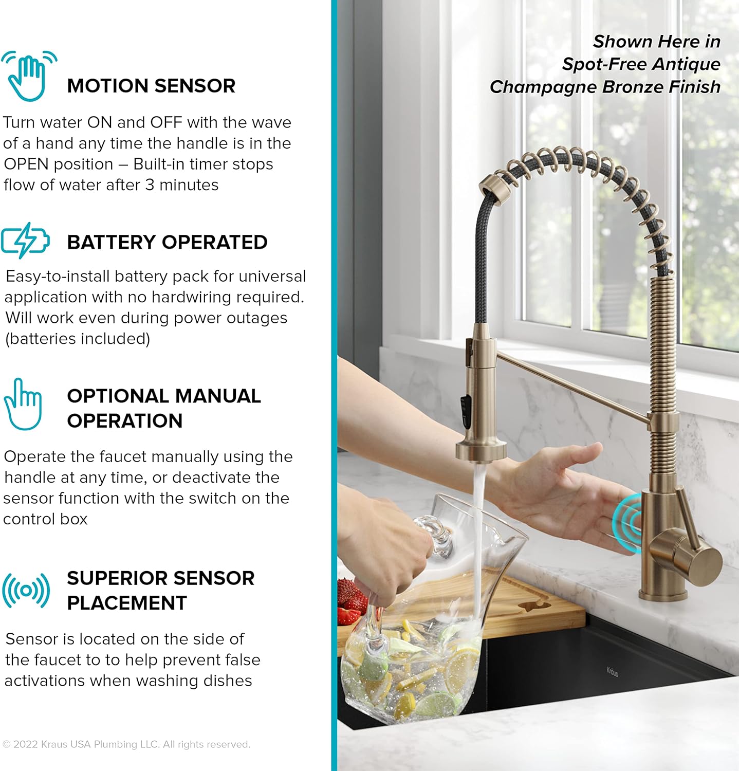 KRAUS Bolden Touchless Sensor Commercial Style 2-Function Single Handle Pull Down Kitchen Faucet in Brushed Brass/Matte Black, KSF-1610BBMB