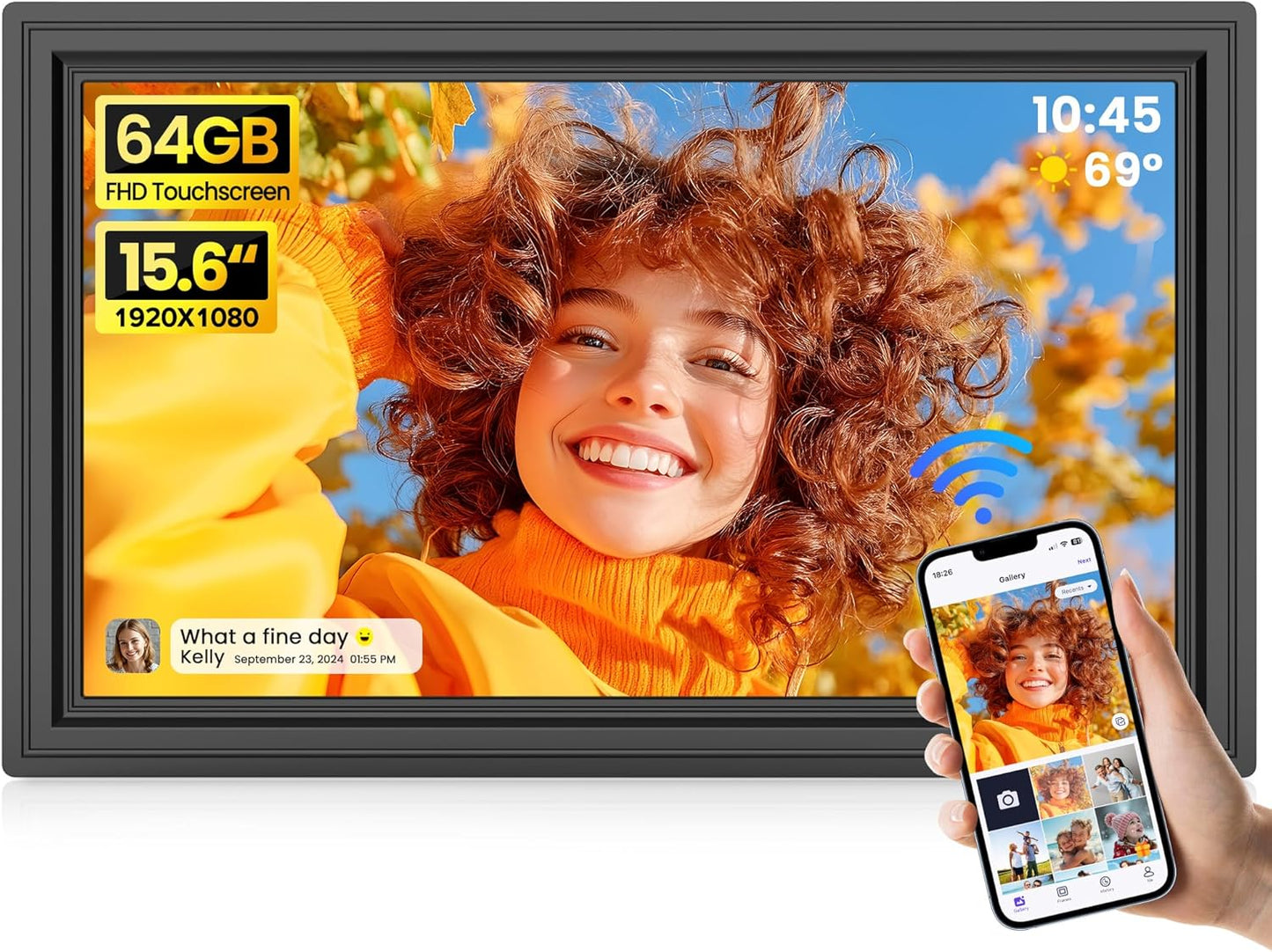 64GB 15.6" Large Digital Picture Frame, Uhale WiFi Electronic Photo Frames with 1920 x 1080 FHD IPS Touch Screen, Support Auto-Rotate Wall Mounted SD&USB Card, Share Photos/Videos from Phone Instantly