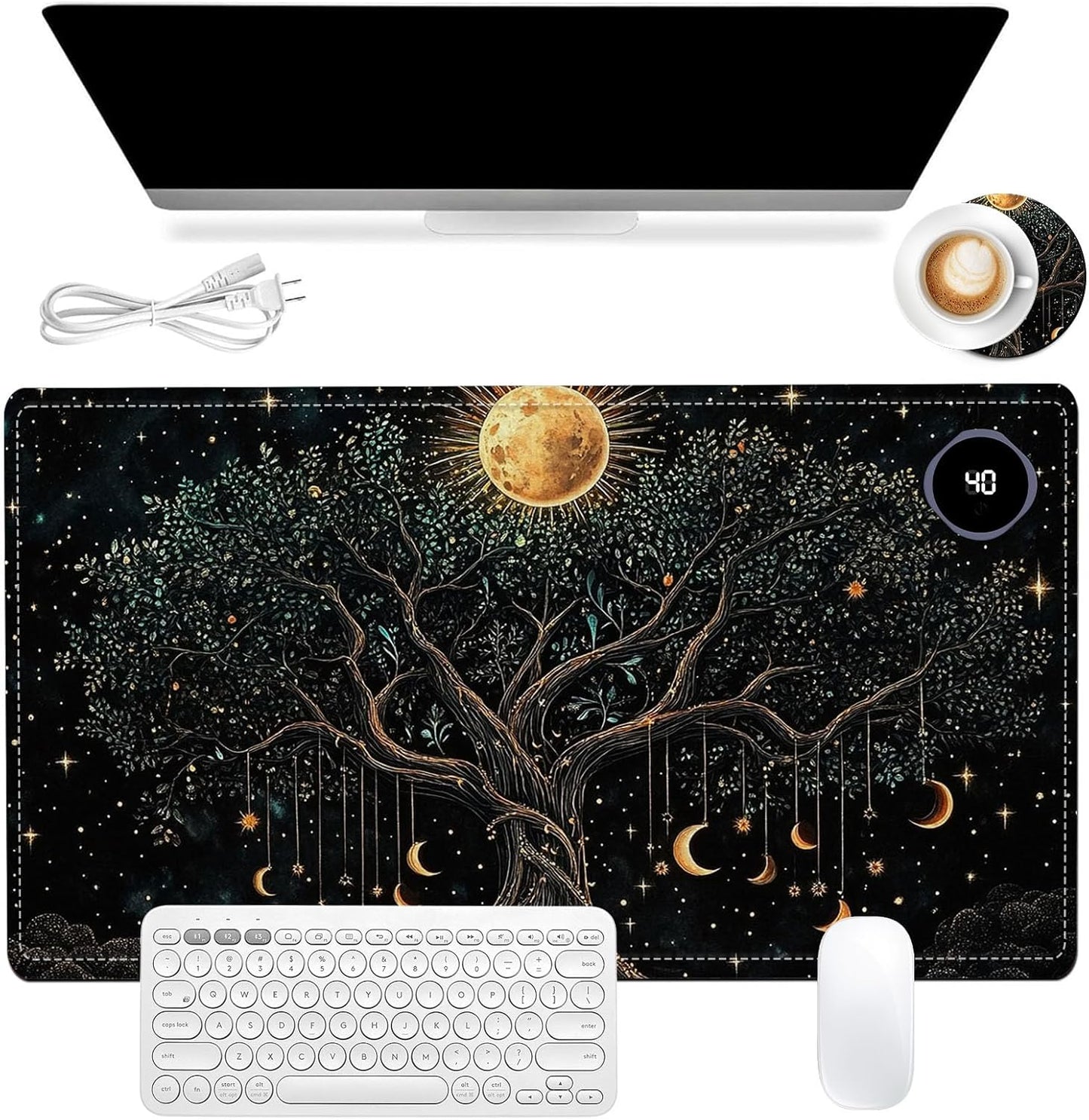 Heated Mouse Pad 23.6 x 14 in 3-Temp Fast Heating Desk Mat with Auto Timer Warmer for Hands Wrist Pain Relief Waterproof Keyboard Mat for Office, Gaming, Home, Moonlit Tree Art