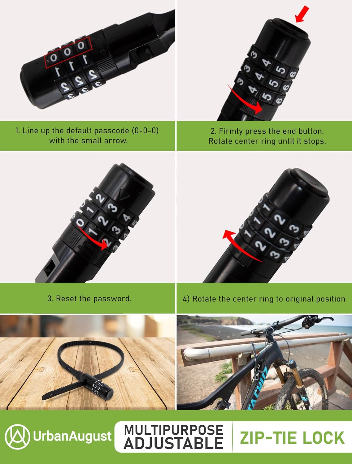 Urban August Adjustable Zip Tie Combination Lock for Cabinet Refrigerator Bike Stroller Helmet Skateboard Luggage- Multi-Purpose French Door Lock - Stainless Steel Fridge Lock (2)