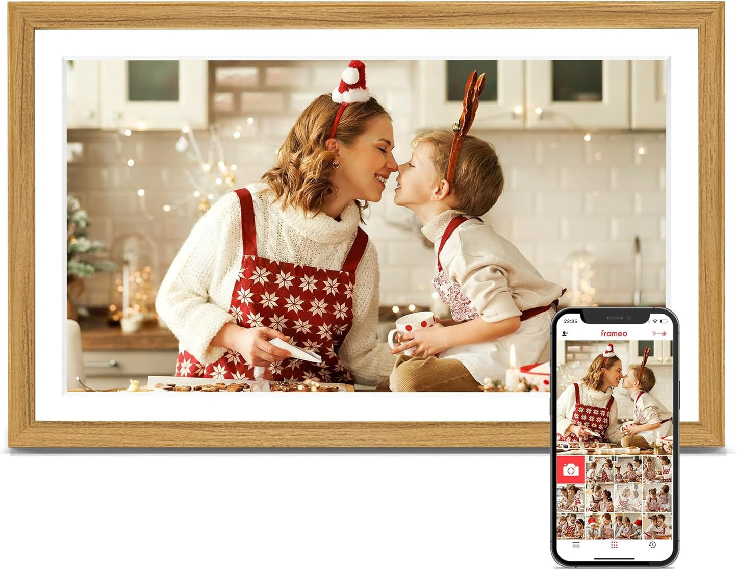 Digital Picture Frame, Frameo 15.6 Inch Large Digital Photo Frame WiFi, 1920 * 1080 IPS FHD Touchscreen, 32GB, Tabletop&Wall-Mounted, Share Video Picture, Electric Frame, Mom Gifts, Natural Woodgrain