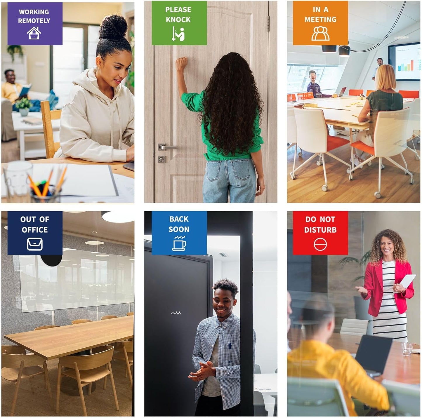 Office Door Signs-6 Options Door Signs -In A Meeting Sign/Out Of Office/Do Not Disturb/Working From Home/Please Knock/Back Soon Privacy Slider Sign for Meeting & Conference Room Black