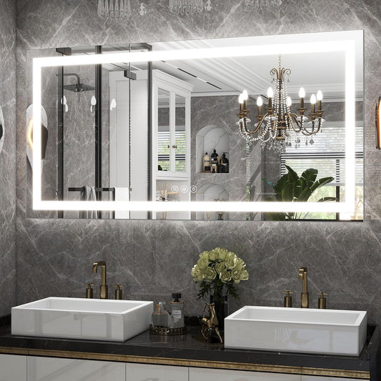 LED Bathroom Mirror, 30x55 Inch White Framed Gradient Front and Backlit Vanity Mirror, Anti-Fog, Dimmable, Wall Mounted Horizontal/Vertical Lighted Mirror