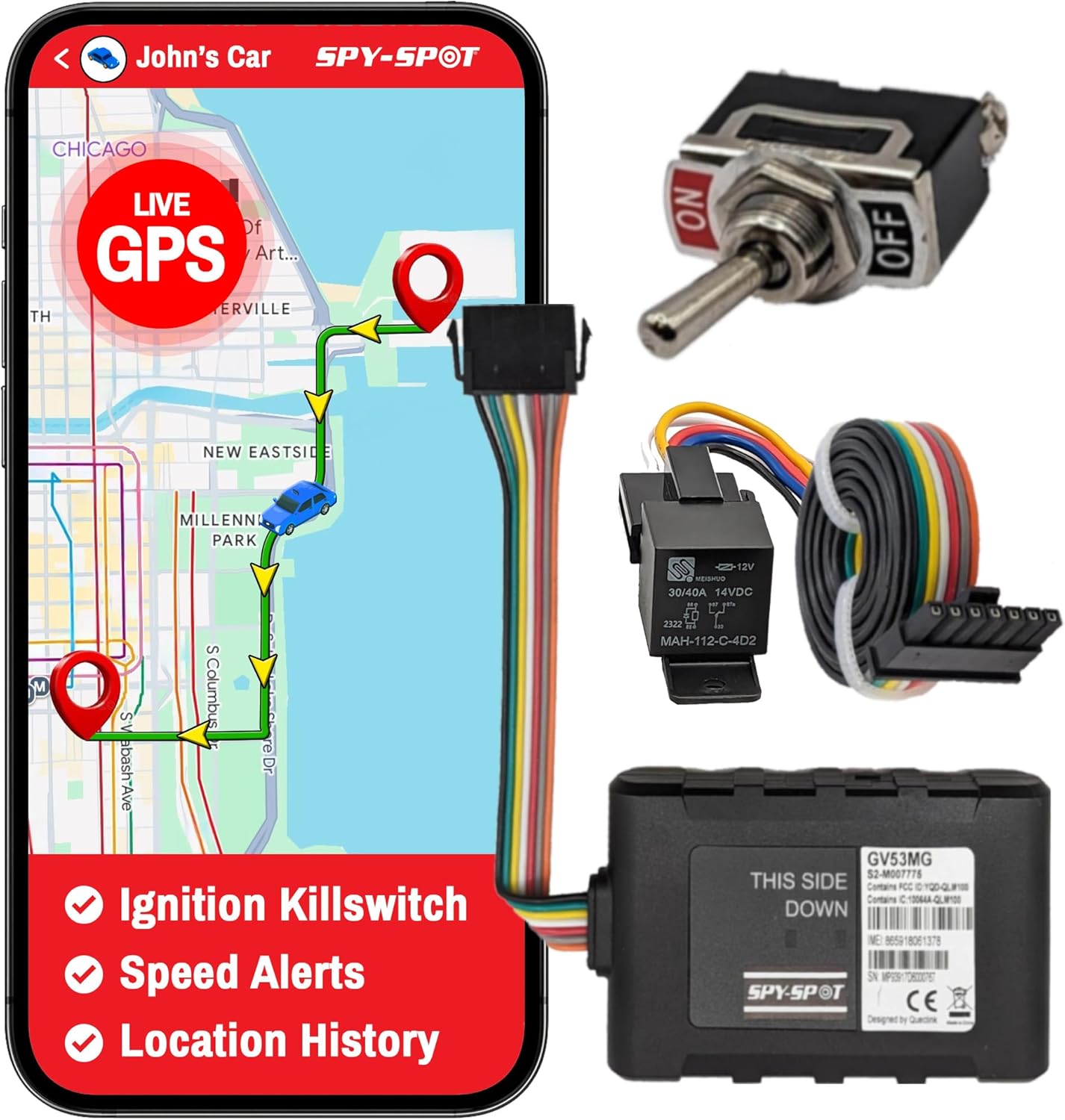 Spy Spot GV53MG Hard Wire Kill Switch GPS Vehicle Tracker - 4G Remotely Disable The Ignition from Any Location, Locator Tracking Device, US, CA, MX Coverage, Subscription Required