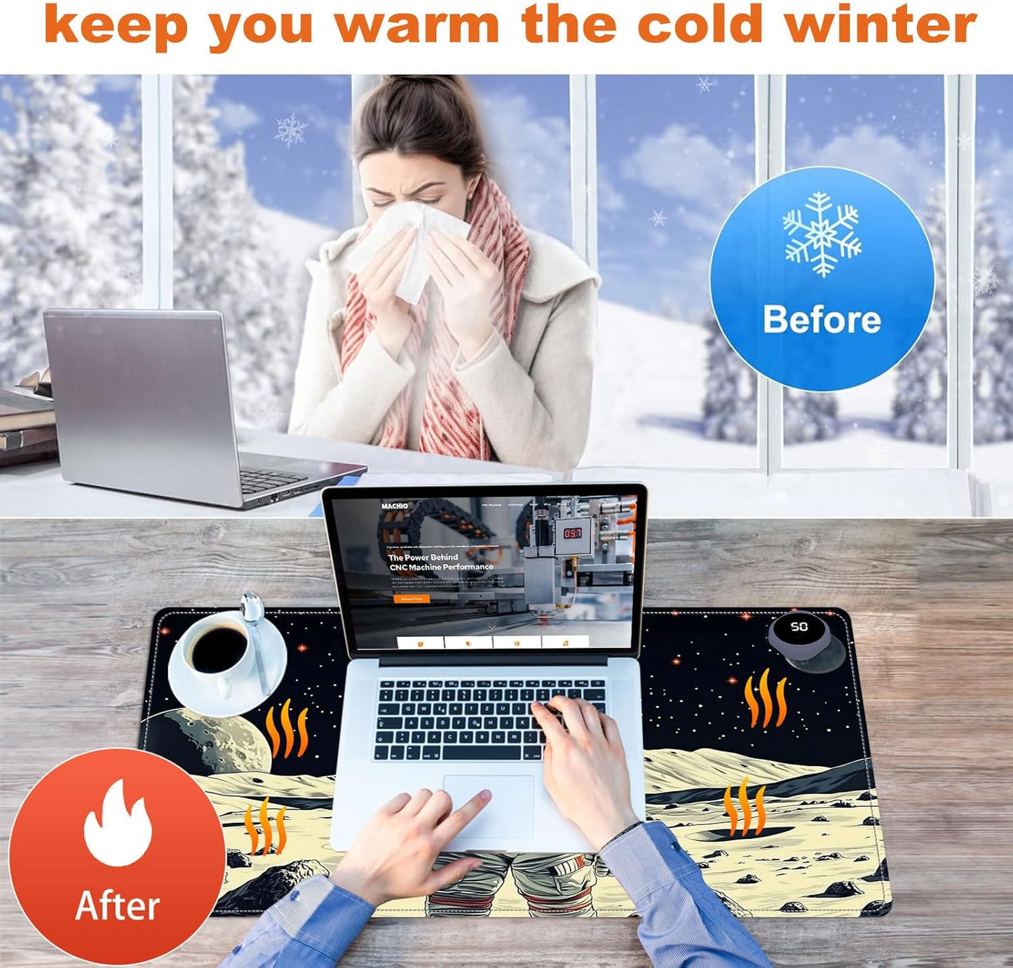 Heated Mouse Pad for Desk 31.5" x 13" – PU Leather Warm Desk Pad with 3 Heat Levels (104°F/113°F/122°F), Plug-in Electric Heating Mat with Auto Shut-Off, Waterproof & Rollable, Astronaut on Moon