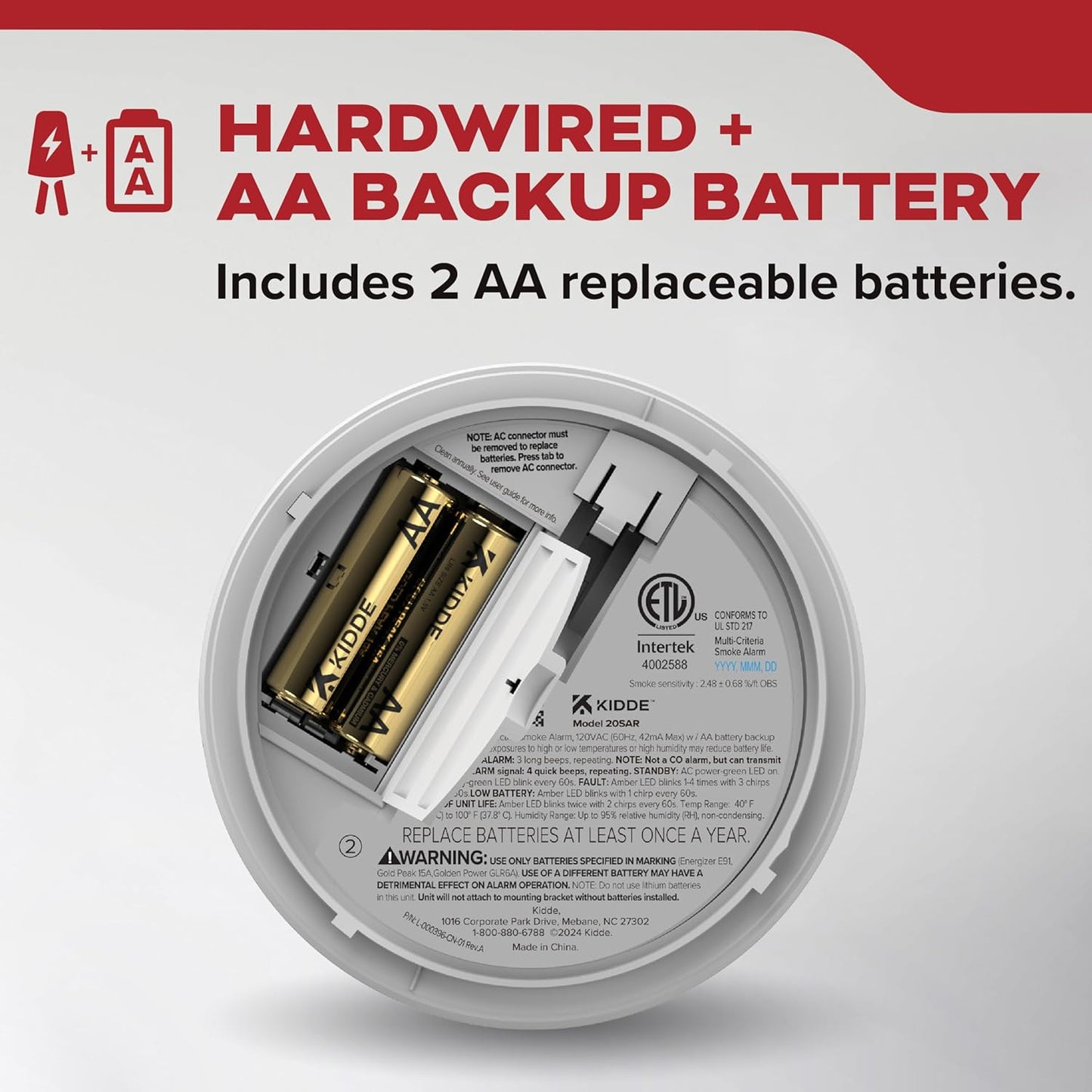 Kidde Hardwired Smoke Detector for Home, AA Battery Backup Alarm, Interconnectable, LED Notifications, 3-Pack