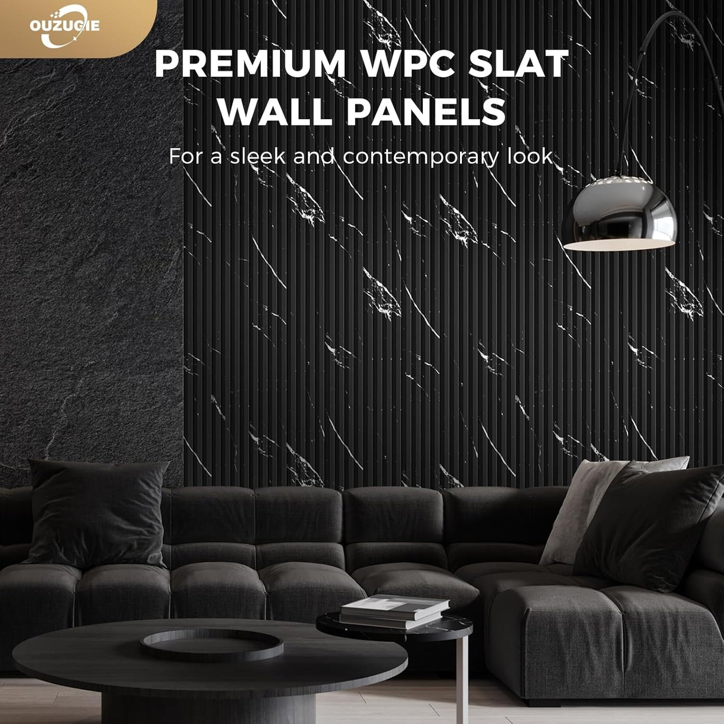 OUZUGIE WPC Acoustic Slat Wall Paneling, 8-Pack 114 x 6 Inches 3D Wall Panels for Interior Wall Decor,Living Room,TV Background,Study Room,Office Spaces,Bedroom,High Grille (Black Marble-1)